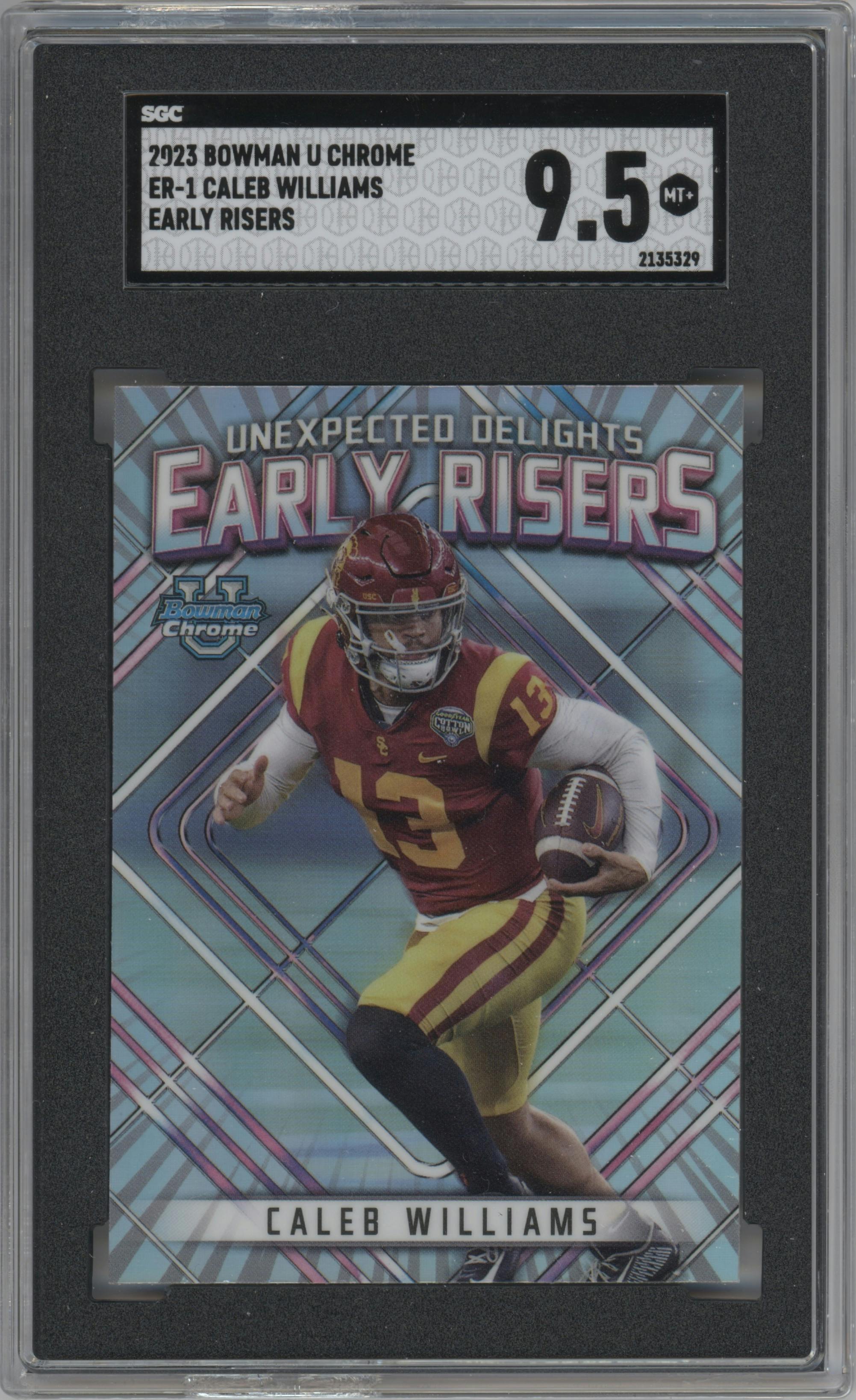 Caleb Williams from the 2023 Bowman Chrome University set graded by SGC and given an overall grade of 9.5.