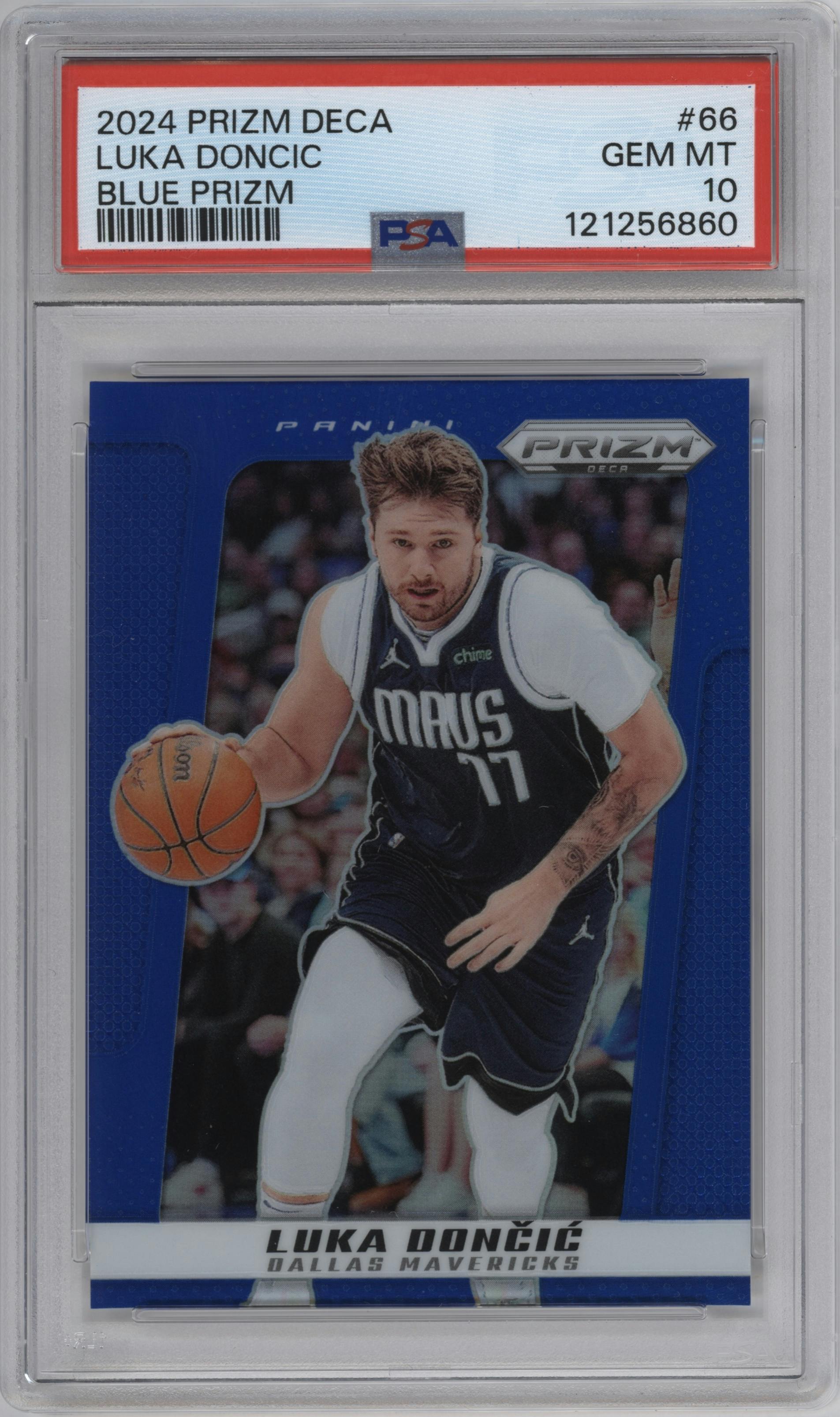 Luka Doncic from the 2024-25 Panini Prizm Deca set featuring a Blue Prizm parallel graded by PSA and given an overall grade of 10.