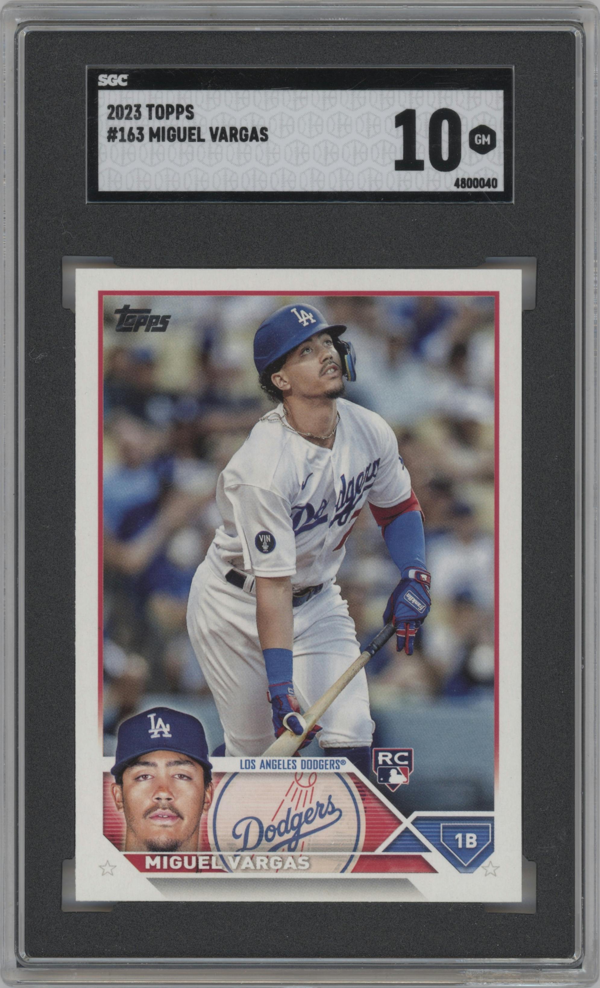 Miguel Vargas from the 2023 Topps Series 1 set graded by SGC and given an overall grade of 10.