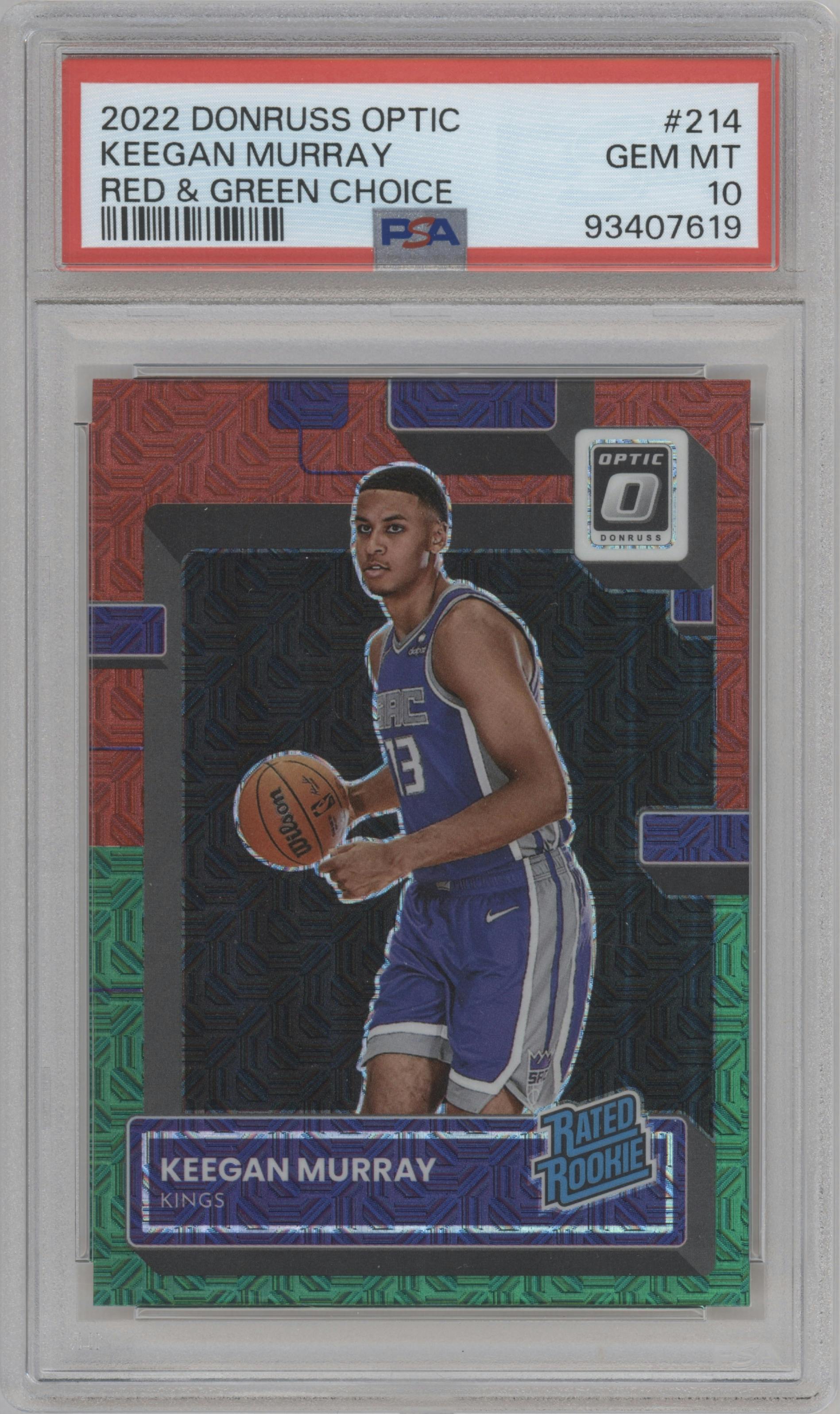 Keegan Murray from the 2022-23 Panini Donruss Optic  set featuring a Choice Red & Green parallel graded by PSA and given an overall grade of 10.