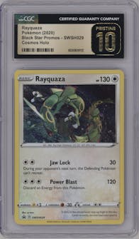 Rayquaza from the 2020 Pokemon SWSH set featuring a 2024 Crown Zenith Premium Collection Sea & Sky parallel graded by CSG and given an overall grade of 10.