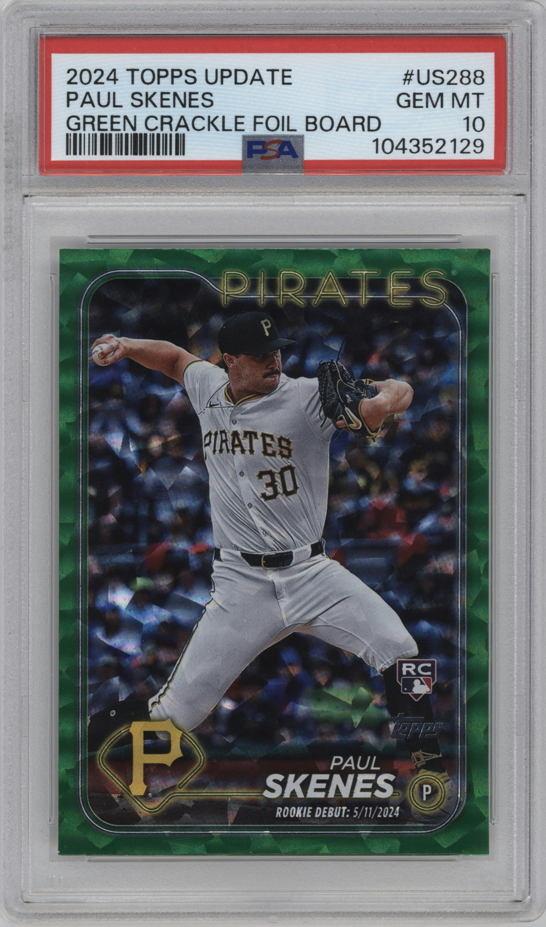 Paul Skenes from the 2024 Topps Update set featuring a Green Crackle Foilboard parallel graded by PSA and given an overall grade of 10.