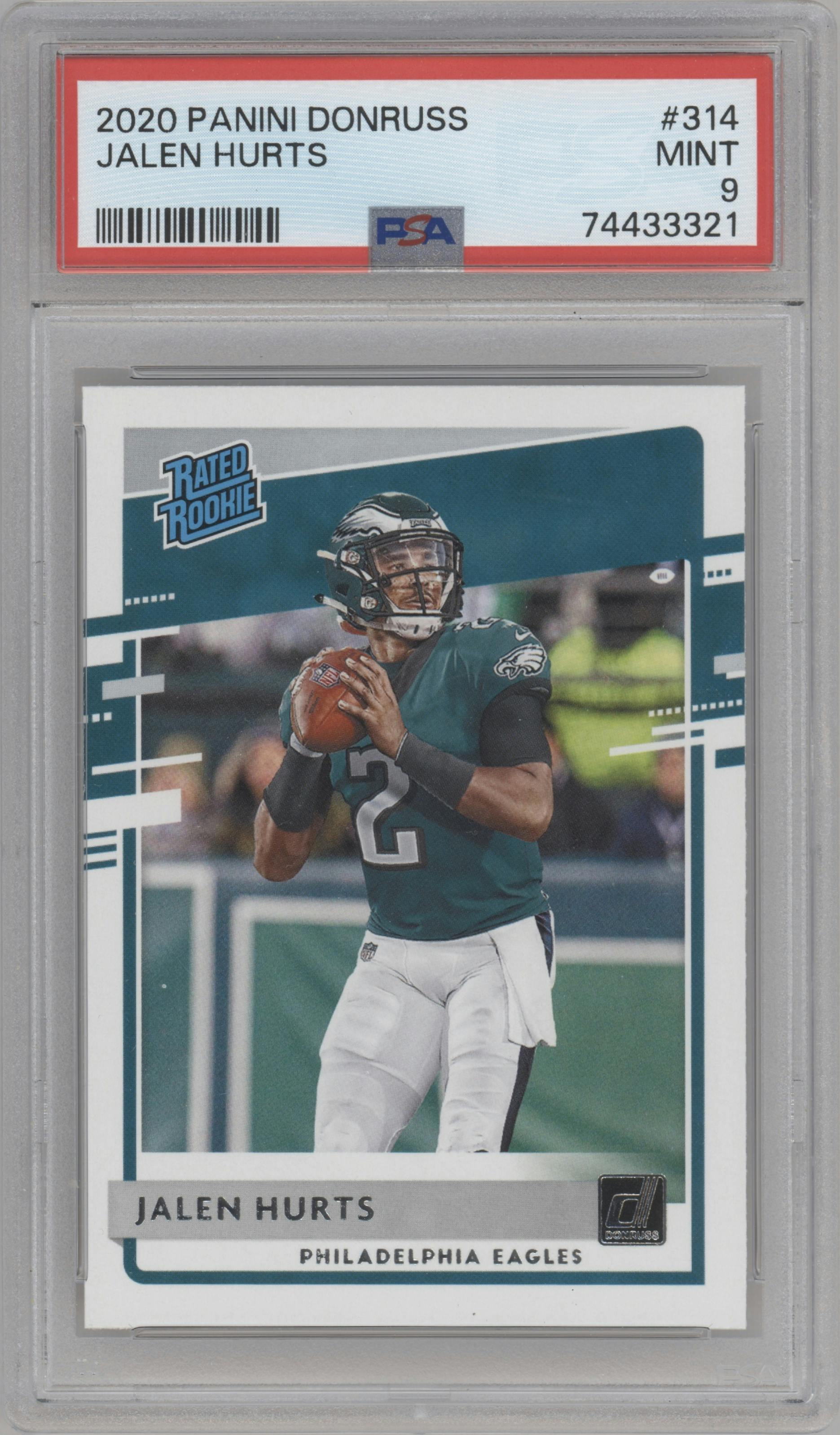 Jalen Hurts from the 2020 Panini Donruss set graded by PSA and given an overall grade of 9.