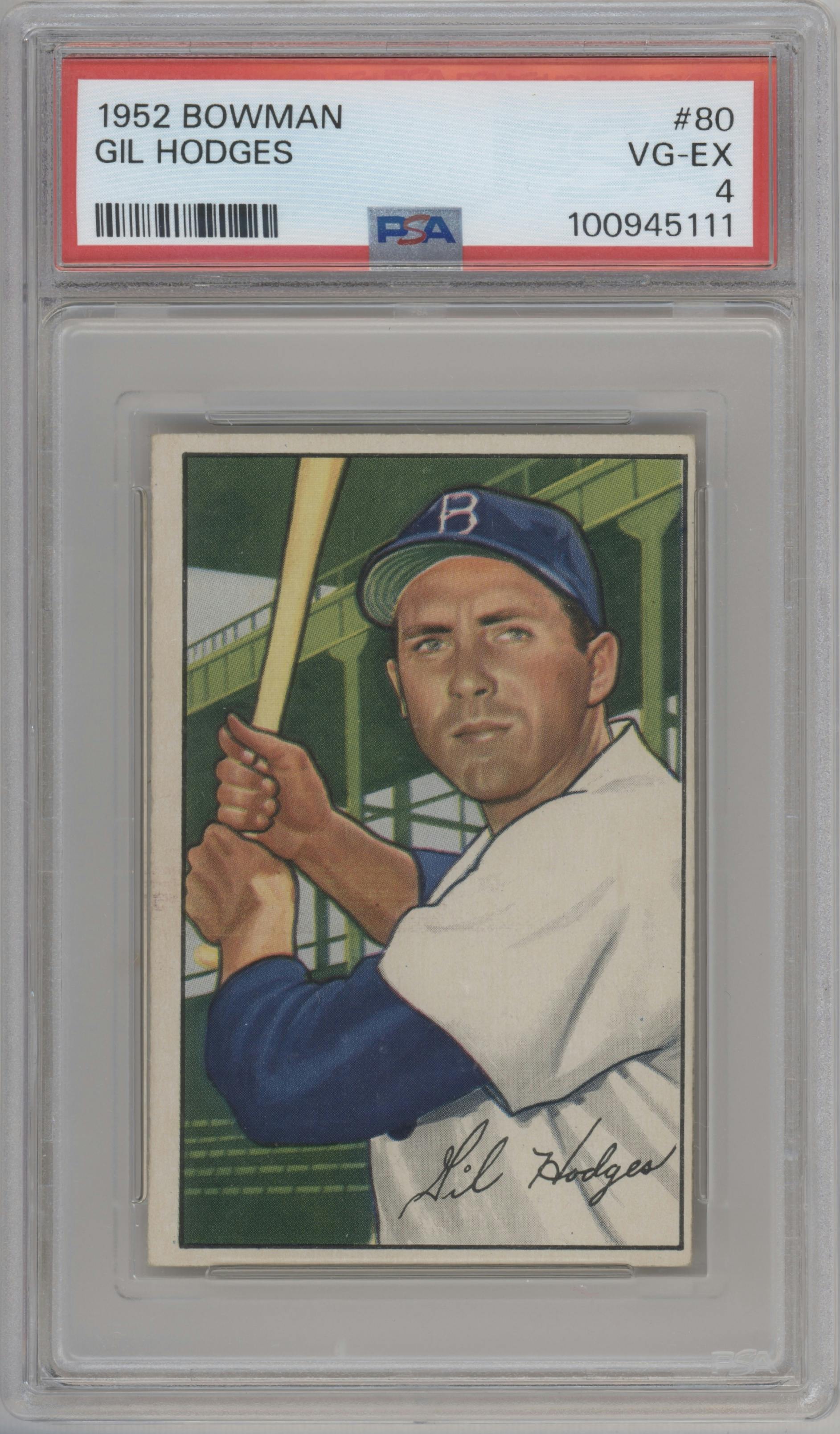 Gil Hodges from the 1952 Bowman set graded by PSA and given an overall grade of 4.