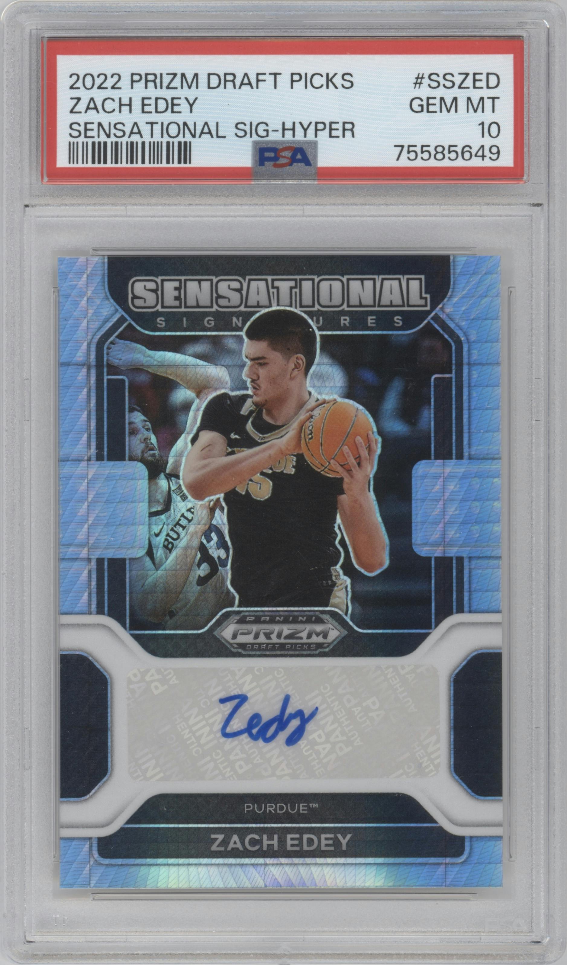 Zach Edey from the 2022-23 Panini Prizm Draft Picks set featuring a Hyper parallel graded by PSA and given an overall grade of 10.