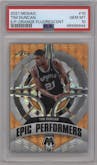 Tim Duncan from the 2021-22 Panini Mosaic  set featuring a Orange Fluorescent parallel graded by PSA and given an overall grade of 10.