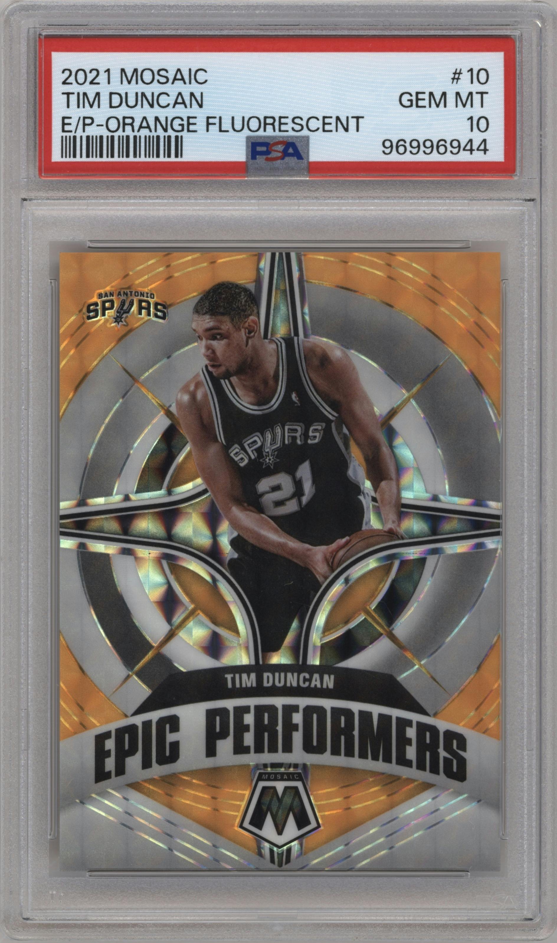 Tim Duncan from the 2021-22 Panini Mosaic  set featuring a Orange Fluorescent parallel graded by PSA and given an overall grade of 10.