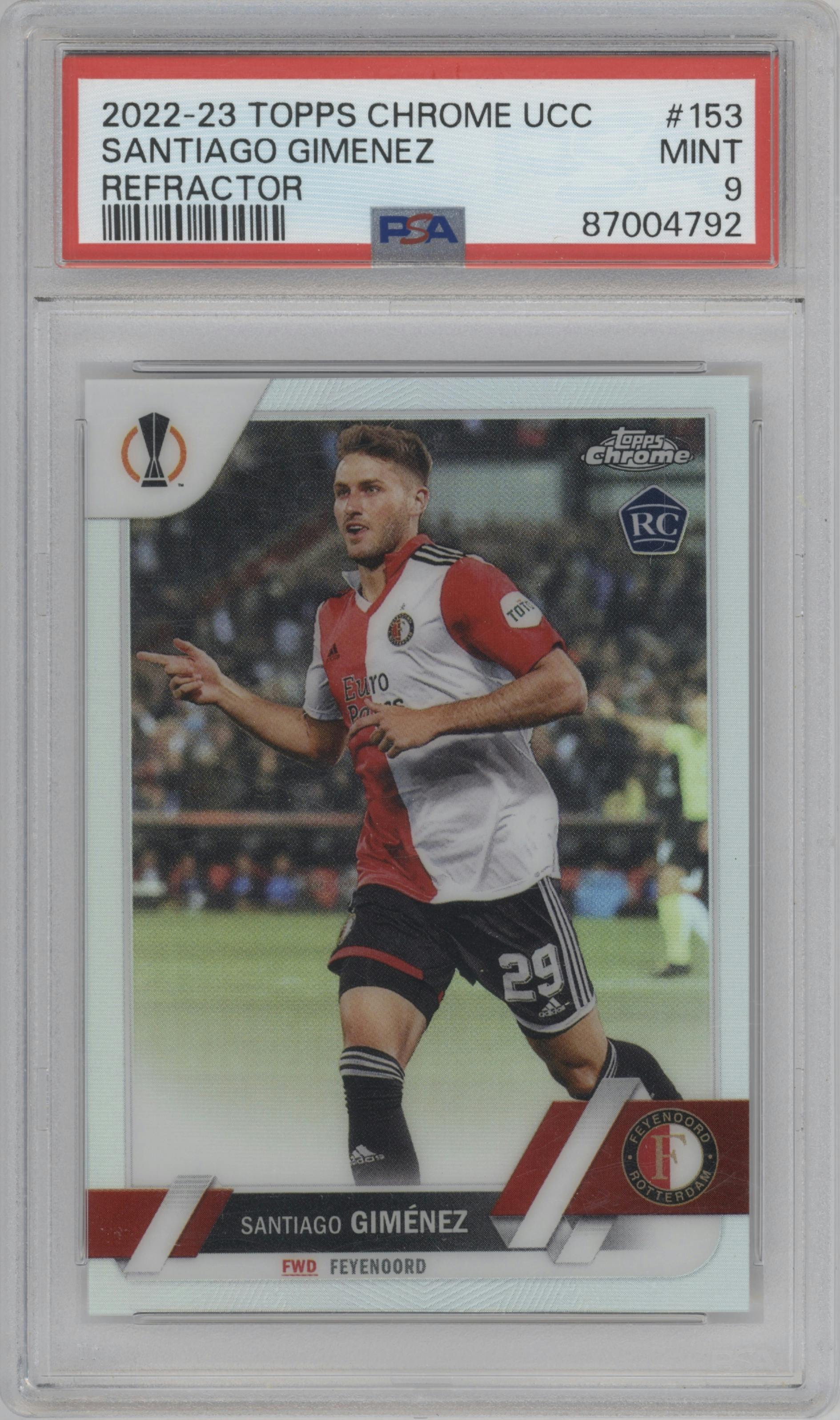 Santiago Gimenez from the 2022-23 Topps Chrome UEFA Club Competitions set featuring a Refractor parallel graded by PSA and given an overall grade of 9.