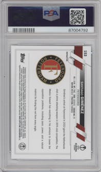 Santiago Gimenez from the 2022-23 Topps Chrome UEFA Club Competitions set featuring a Refractor parallel graded by PSA and given an overall grade of 9.