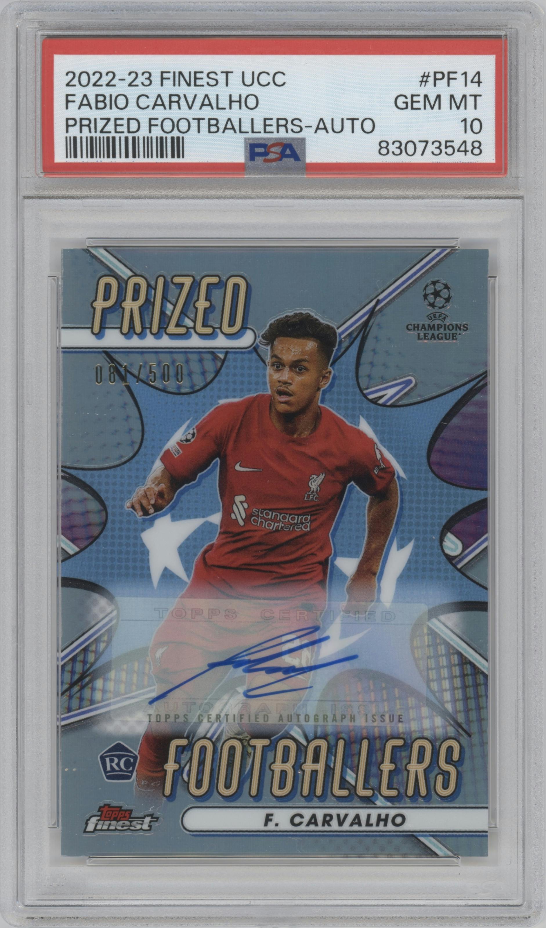 Fabio Carvalho from the 2022-23 Topps Finest UEFA Club Competitions set graded by PSA and given an overall grade of 10.