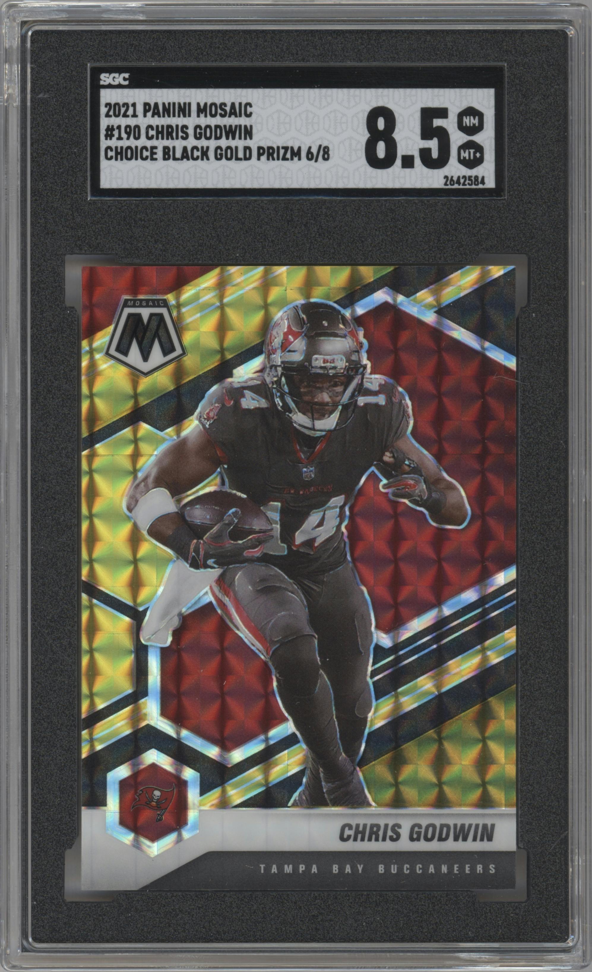 Chris Godwin from the 2021 Panini Mosaic set featuring a Choice Black Gold parallel graded by SGC and given an overall grade of 8.5.