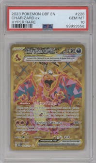 Charizard ex from the 2023 Pokemon SV set graded by PSA and given an overall grade of 10.