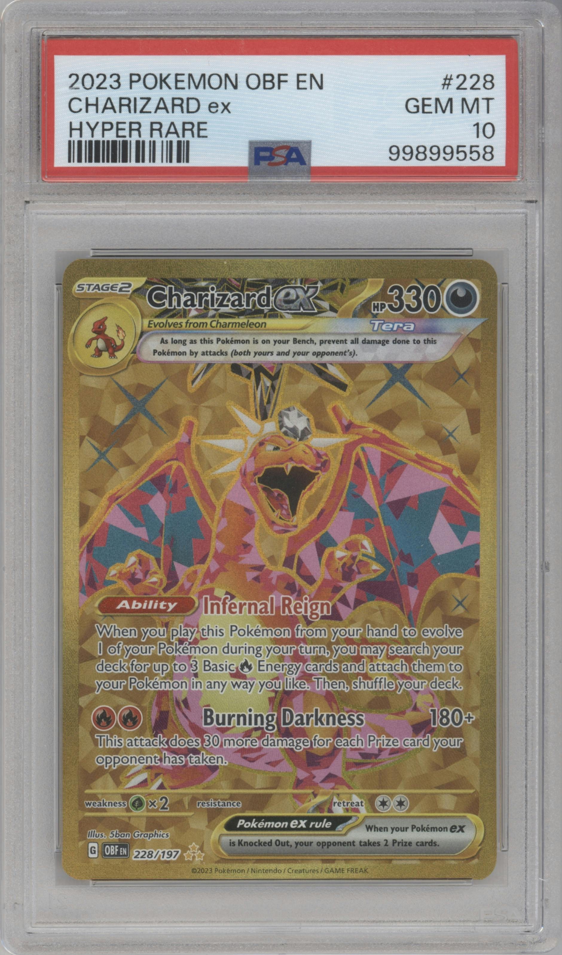 Charizard ex from the 2023 Pokemon SV set graded by PSA and given an overall grade of 10.