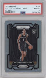 Victor Wembanyama from the 2023-24 Panini Prizm set featuring a Silver Prizm  parallel graded by PSA and given an overall grade of 10.