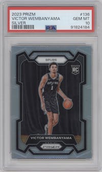 Victor Wembanyama from the 2023-24 Panini Prizm set featuring a Silver Prizm  parallel graded by PSA and given an overall grade of 10.