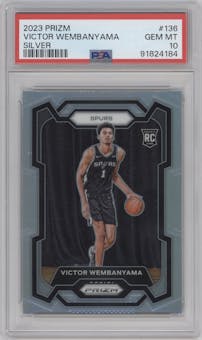 Victor Wembanyama from the 2023-24 Panini Prizm set featuring a Silver Prizm  parallel graded by PSA and given an overall grade of 10.