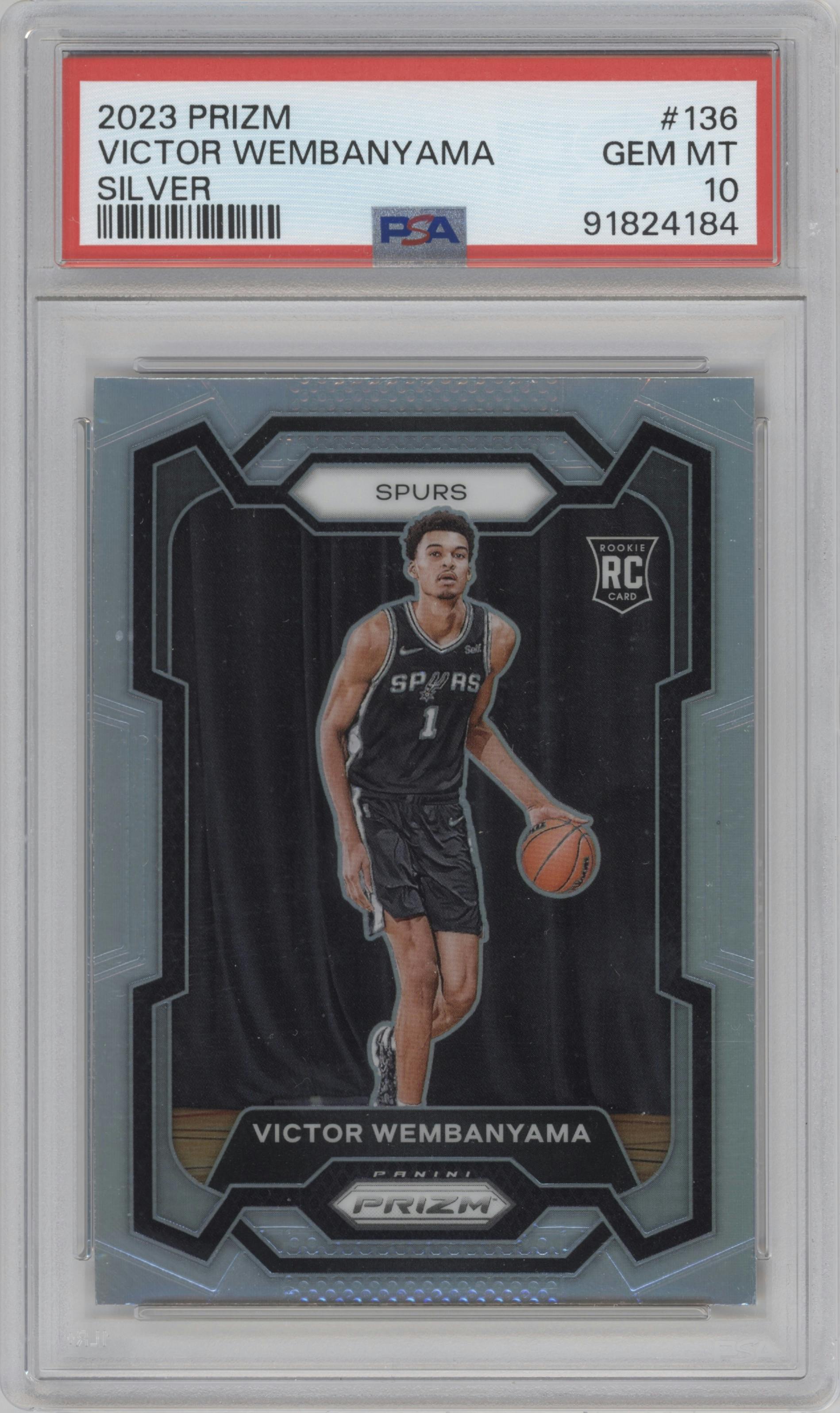 Victor Wembanyama from the 2023-24 Panini Prizm set featuring a Silver Prizm  parallel graded by PSA and given an overall grade of 10.