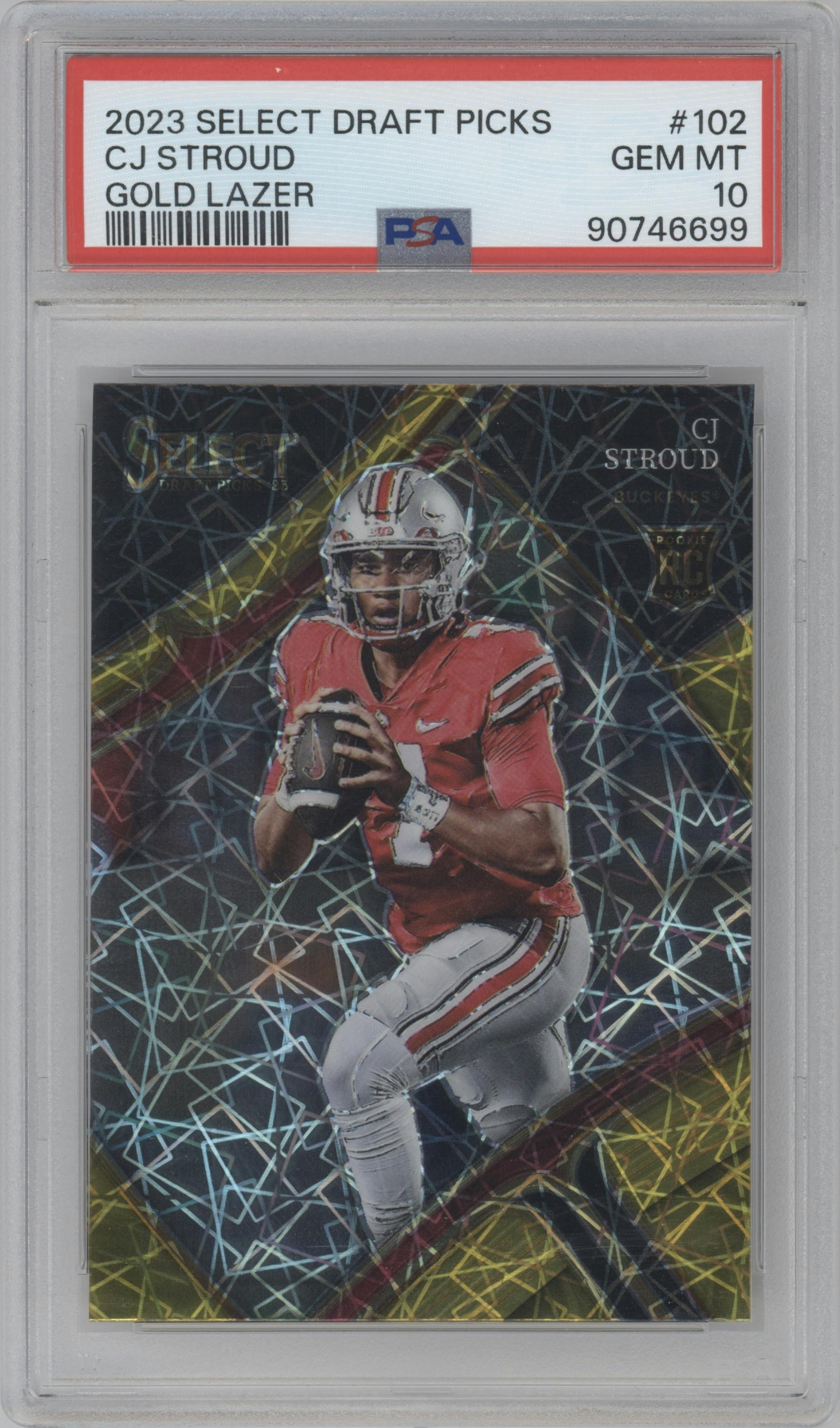 CJ Stroud from the 2023 Panini Select Draft Picks set featuring a Gold Lazer parallel graded by PSA and given an overall grade of 10.
