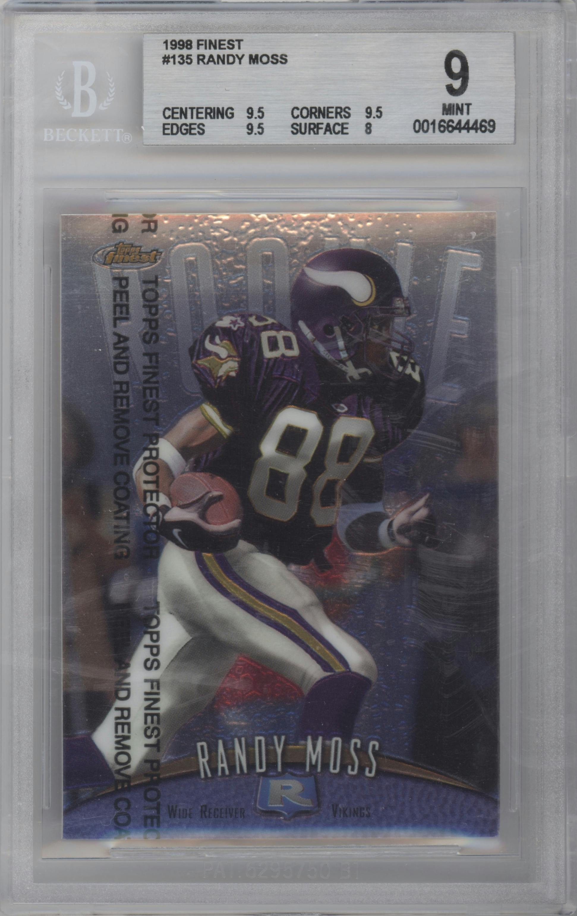 Randy Moss from the 1998 Topps Finest set featuring a W/ Coating parallel graded by Beckett and given an overall grade of 9.