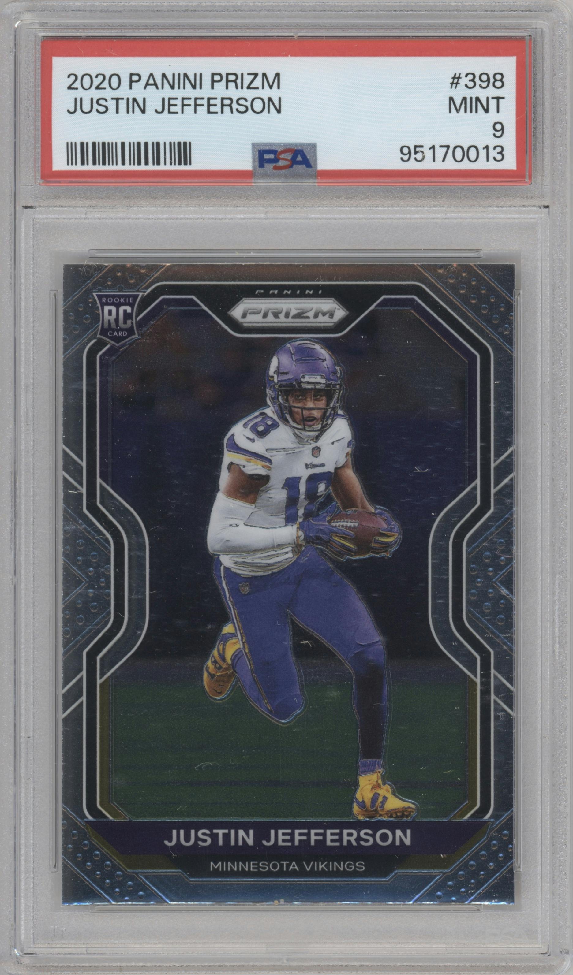 Justin Jefferson from the 2020 Panini Prizm set graded by PSA and given an overall grade of 9.