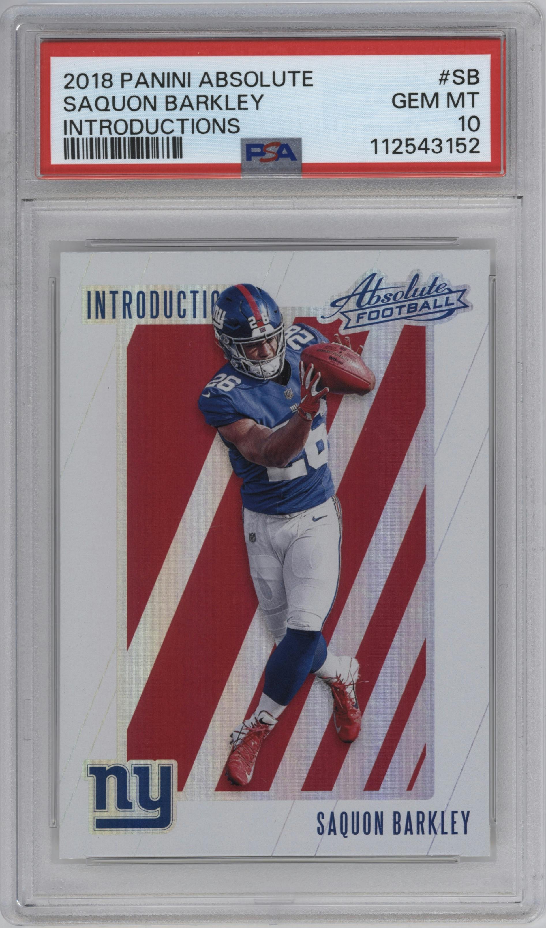 Saquon Barkley from the 2018 Panini Absolute set graded by PSA and given an overall grade of 10.