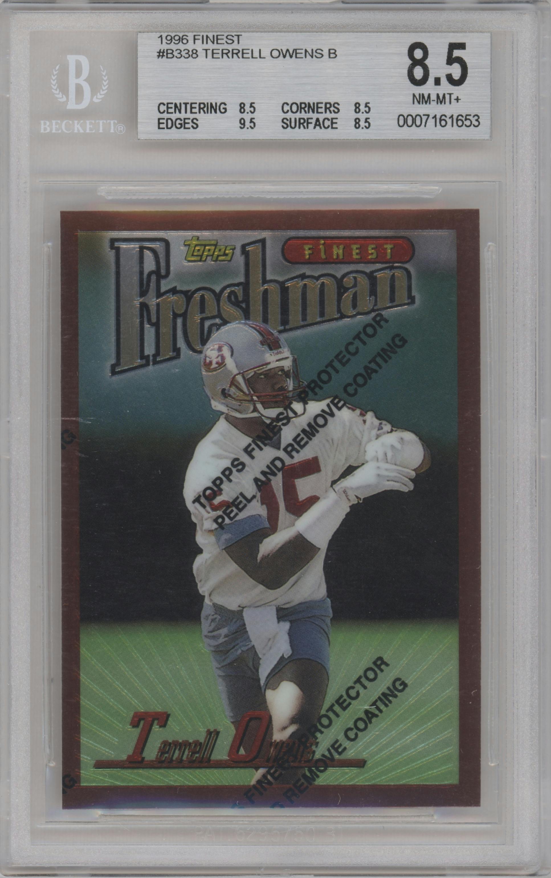 Terrell Owens from the 1996 Topps Finest set featuring a W /Coating parallel graded by Beckett and given an overall grade of 8.5.