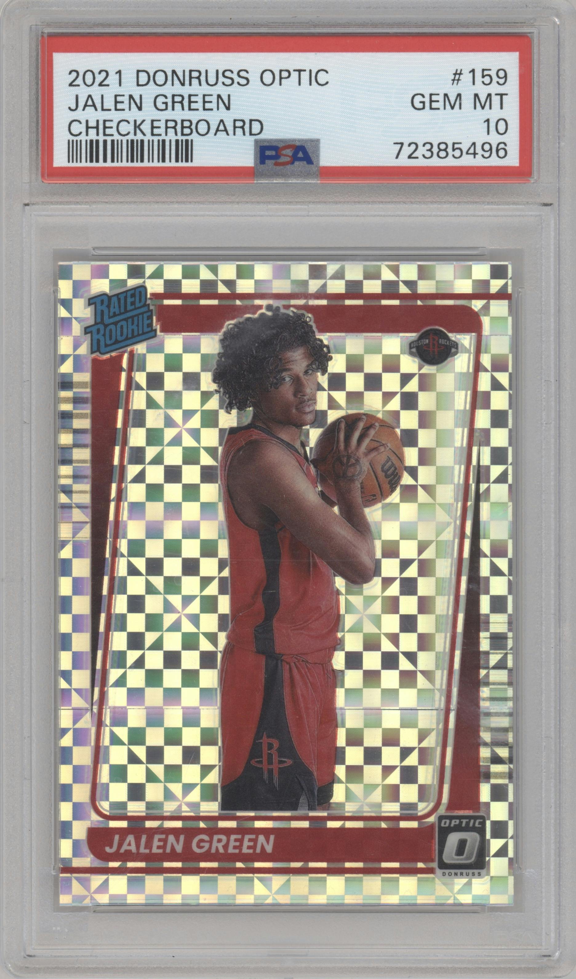 Jalen Green from the 2021-22 Panini Donruss Optic set featuring a Checkerboard parallel graded by PSA and given an overall grade of 10.