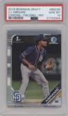 CJ Abrams from the 2019 Bowman Draft set featuring a Refractor parallel graded by PSA and given an overall grade of 10.