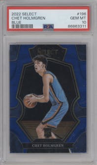  Chet Holmgren from the 2022-23 Panini Select set featuring a Blue Retail parallel graded by PSA and given an overall grade of 10.