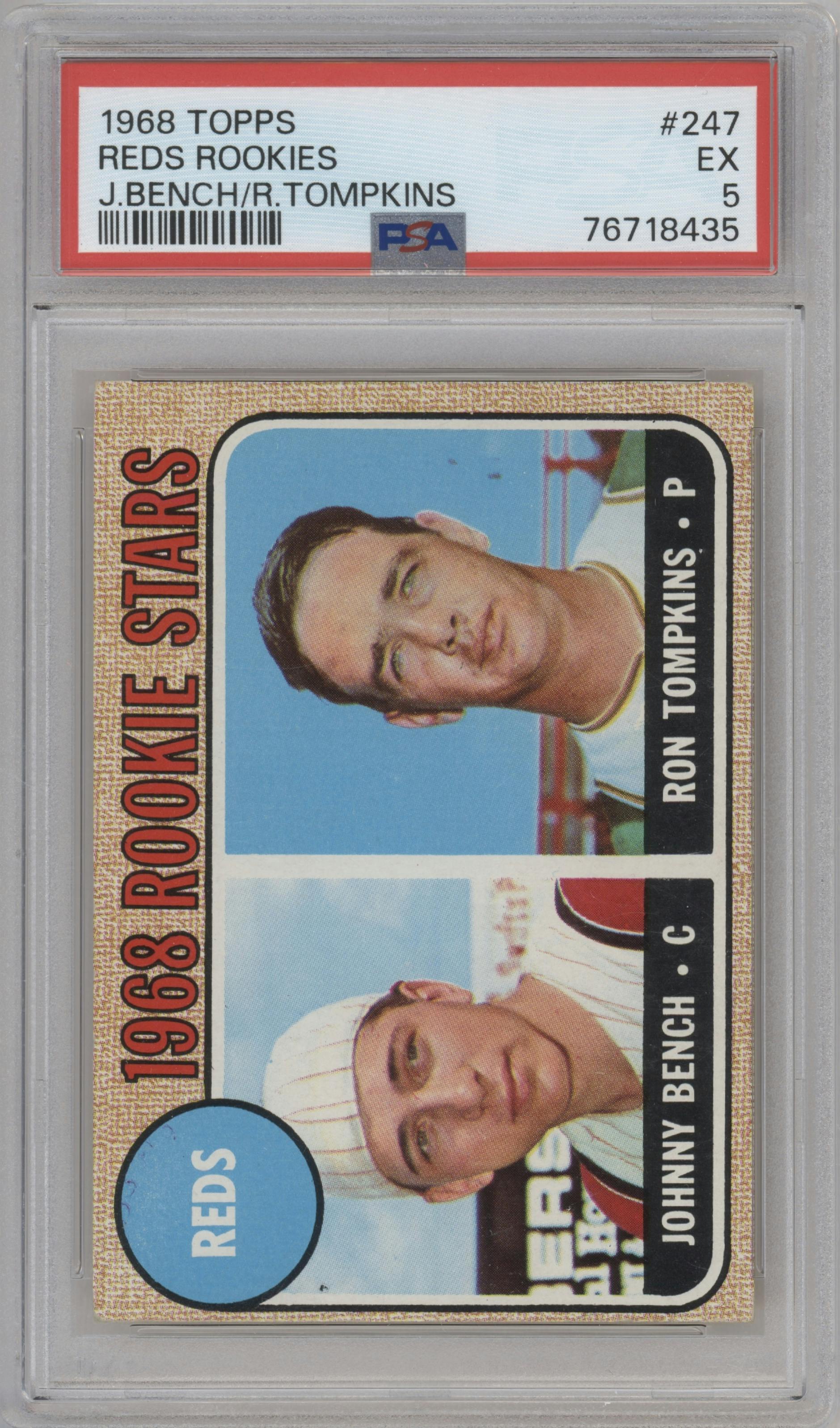 Johnny Bench/Ron Tompkins from the 1968 Topps set graded by PSA and given an overall grade of 5.