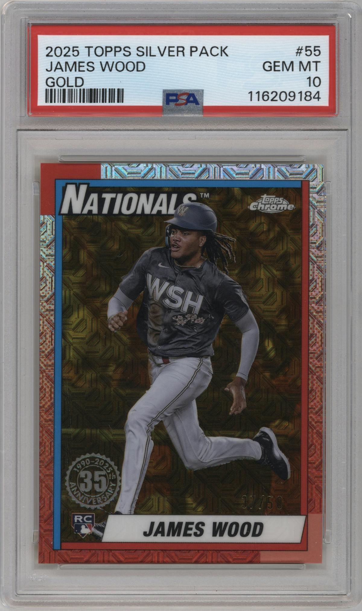 James Wood from the 2025 Topps set featuring a Gold parallel graded by PSA and given an overall grade of 10.