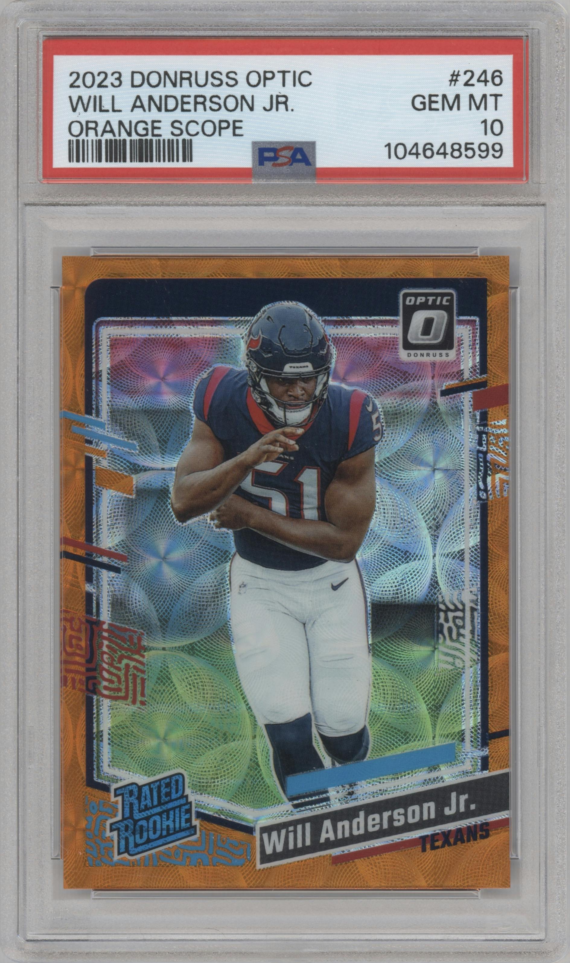 Will Anderson Jr. from the 2023 Donruss Optic set featuring a Orange Scope parallel graded by PSA and given an overall grade of 10.