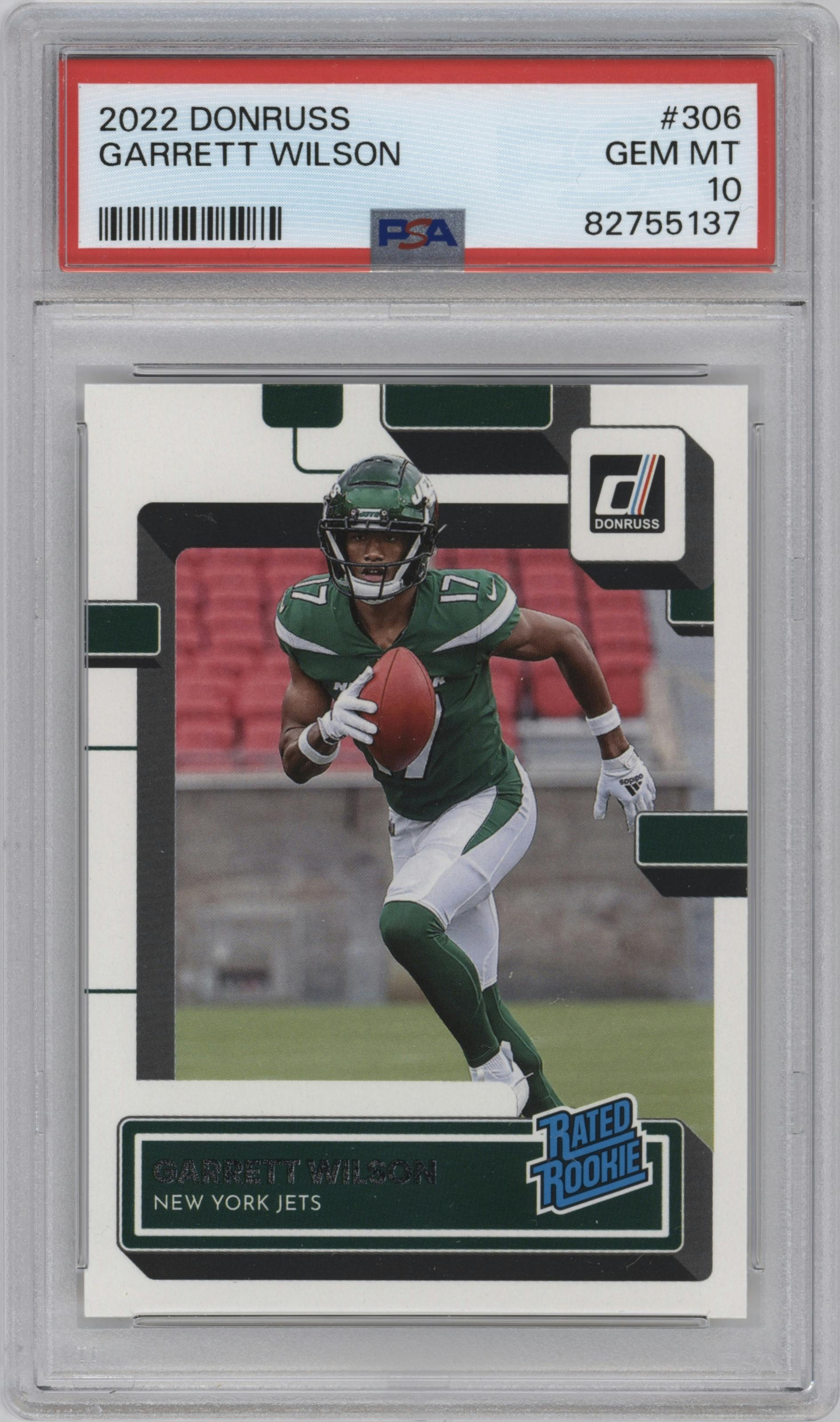 Garrett Wilson from the 2022 Panini Donruss set graded by PSA and given an overall grade of 10.