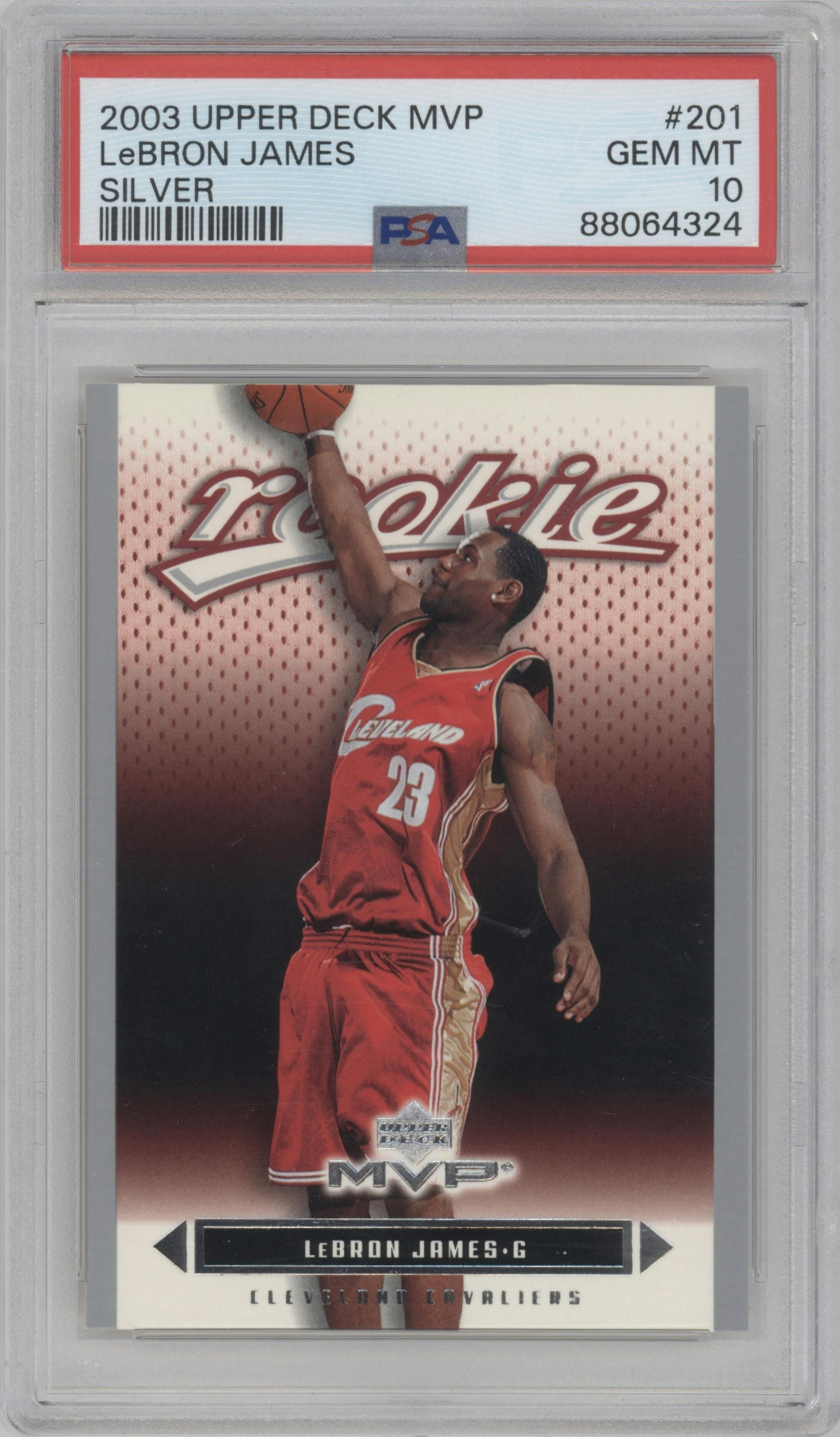LeBron James from the 2003 Upper Deck MVP set featuring a Silver parallel graded by PSA and given an overall grade of 10.