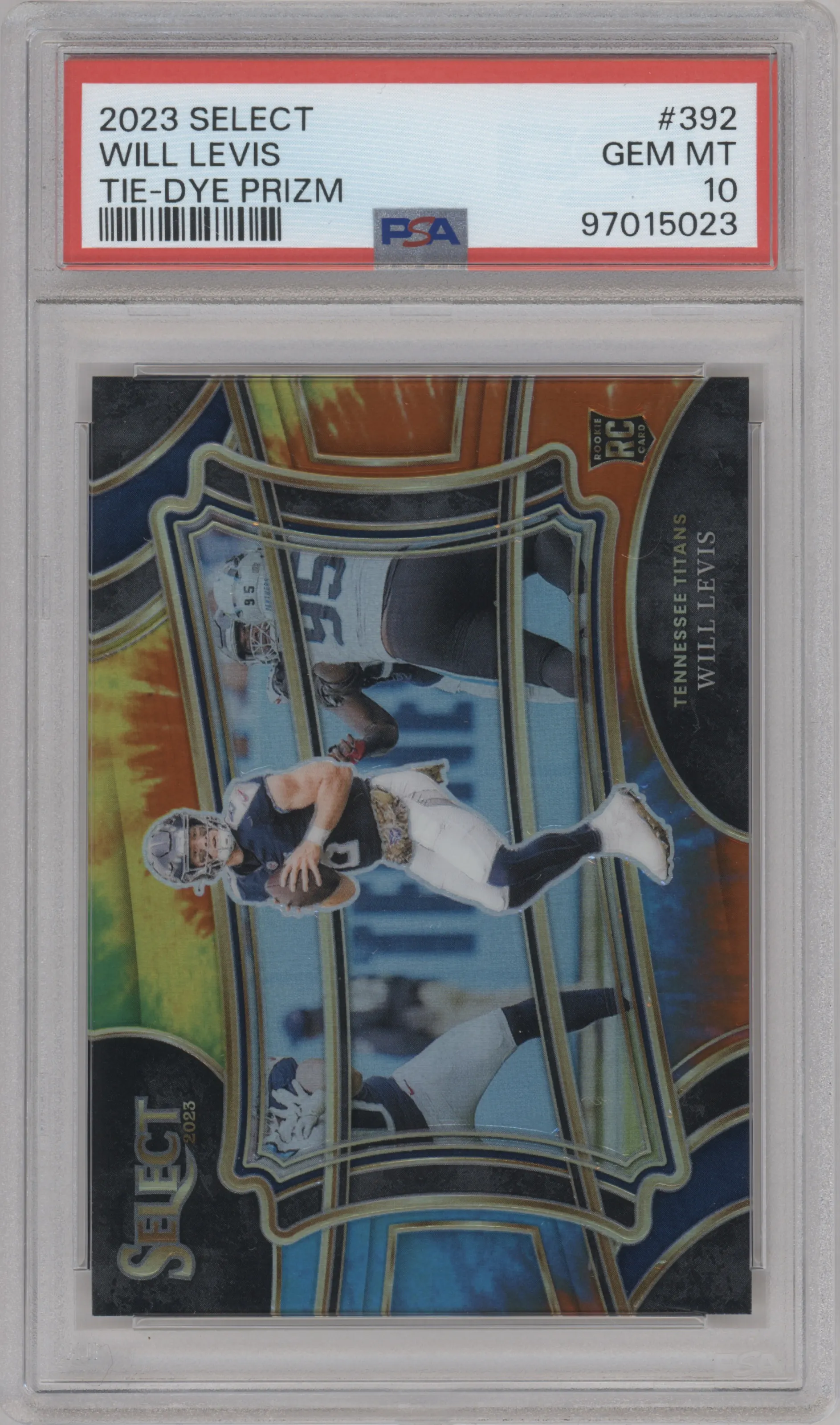 Will Levis from the 2023 Panini Select set featuring a Tie-Dye Prizm parallel graded by PSA and given an overall grade of 10.