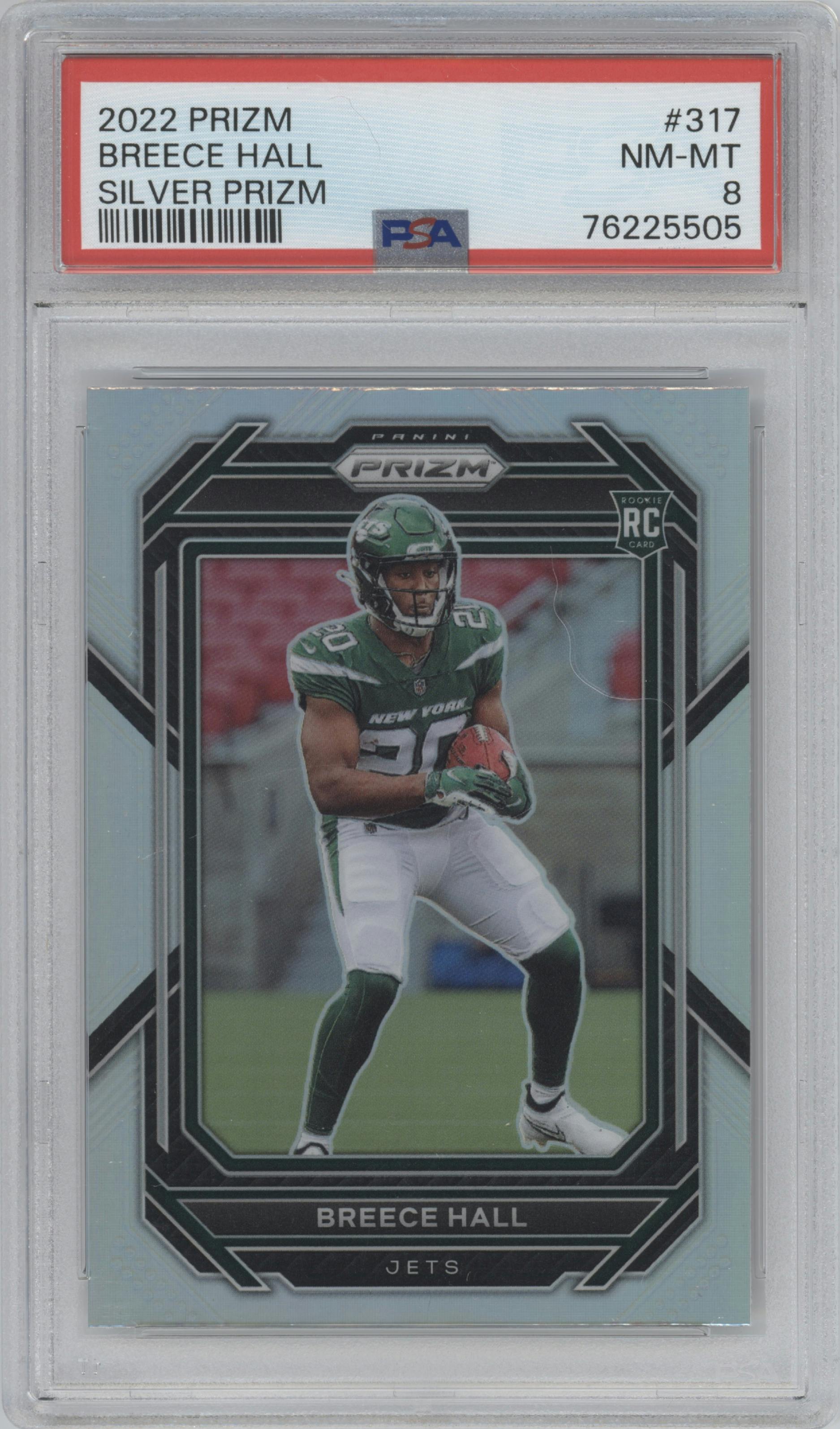 Breece Hall from the 2022 Panini Prizm set featuring a Silver Prizm parallel graded by PSA and given an overall grade of 8.