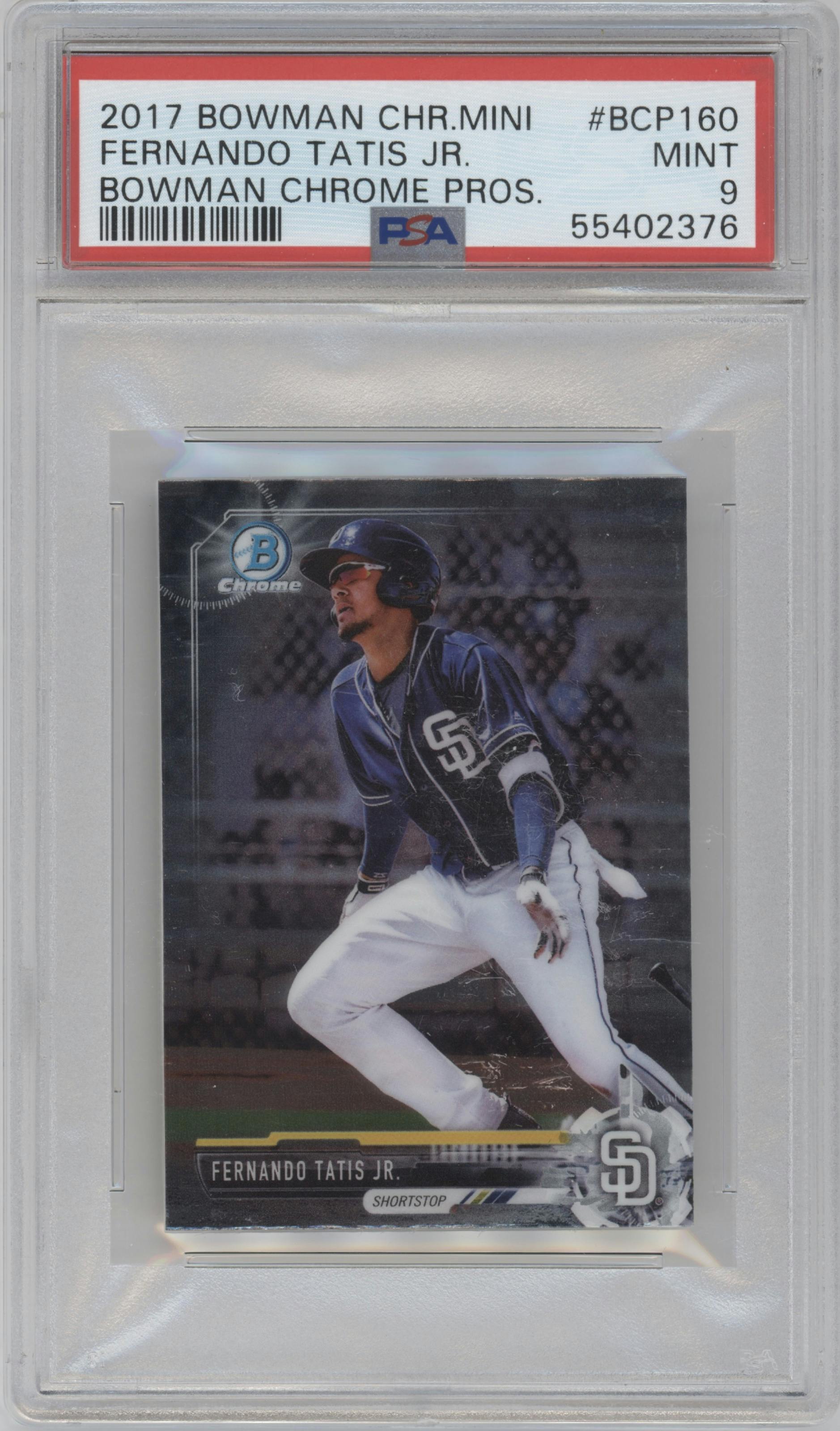Fernando Tatis Jr. from the 2017 Bowman Chrome Mini set graded by PSA and given an overall grade of 9.