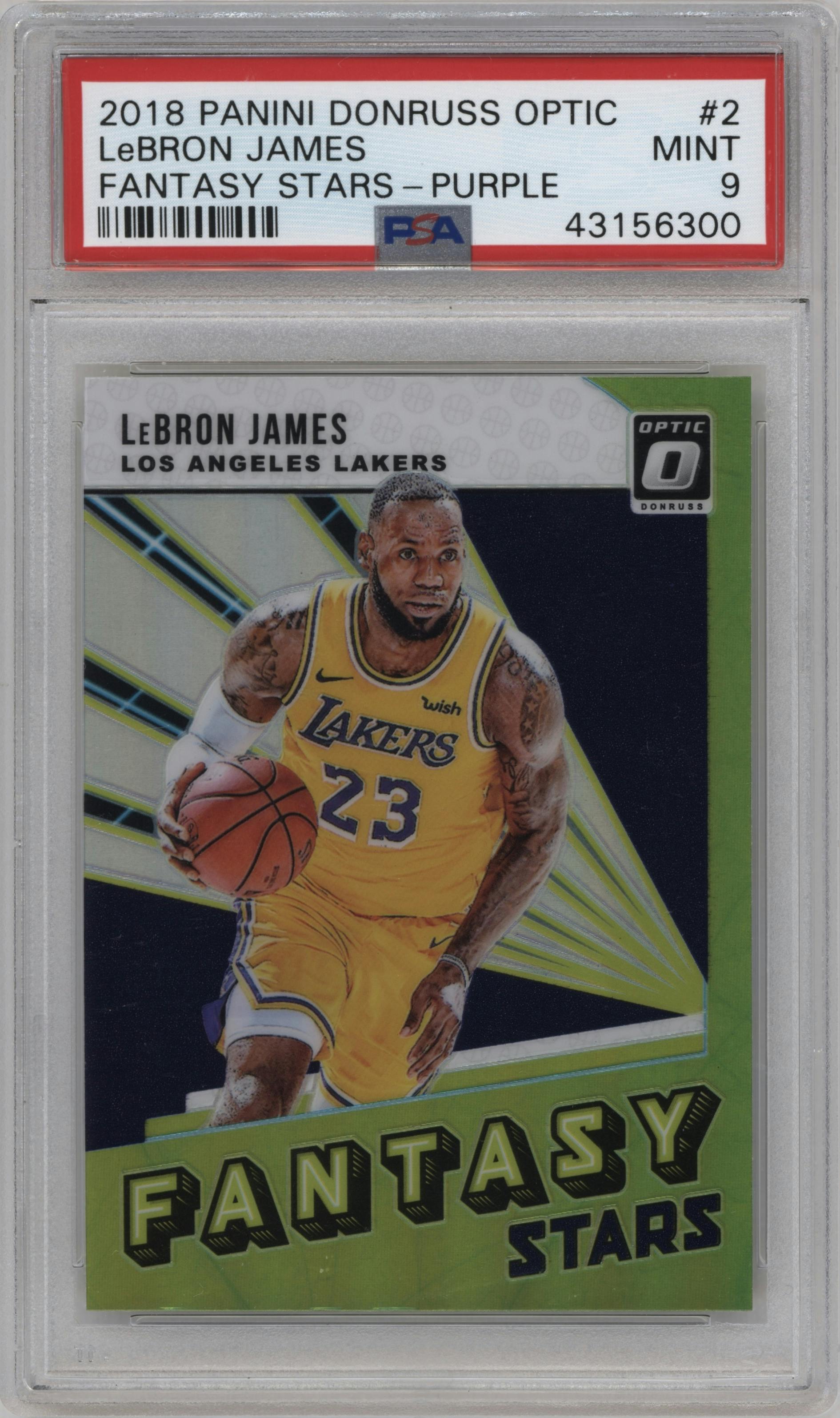 LeBron James from the 2018-19 Panini Donruss Optic set featuring a Purple parallel graded by PSA and given an overall grade of 9.