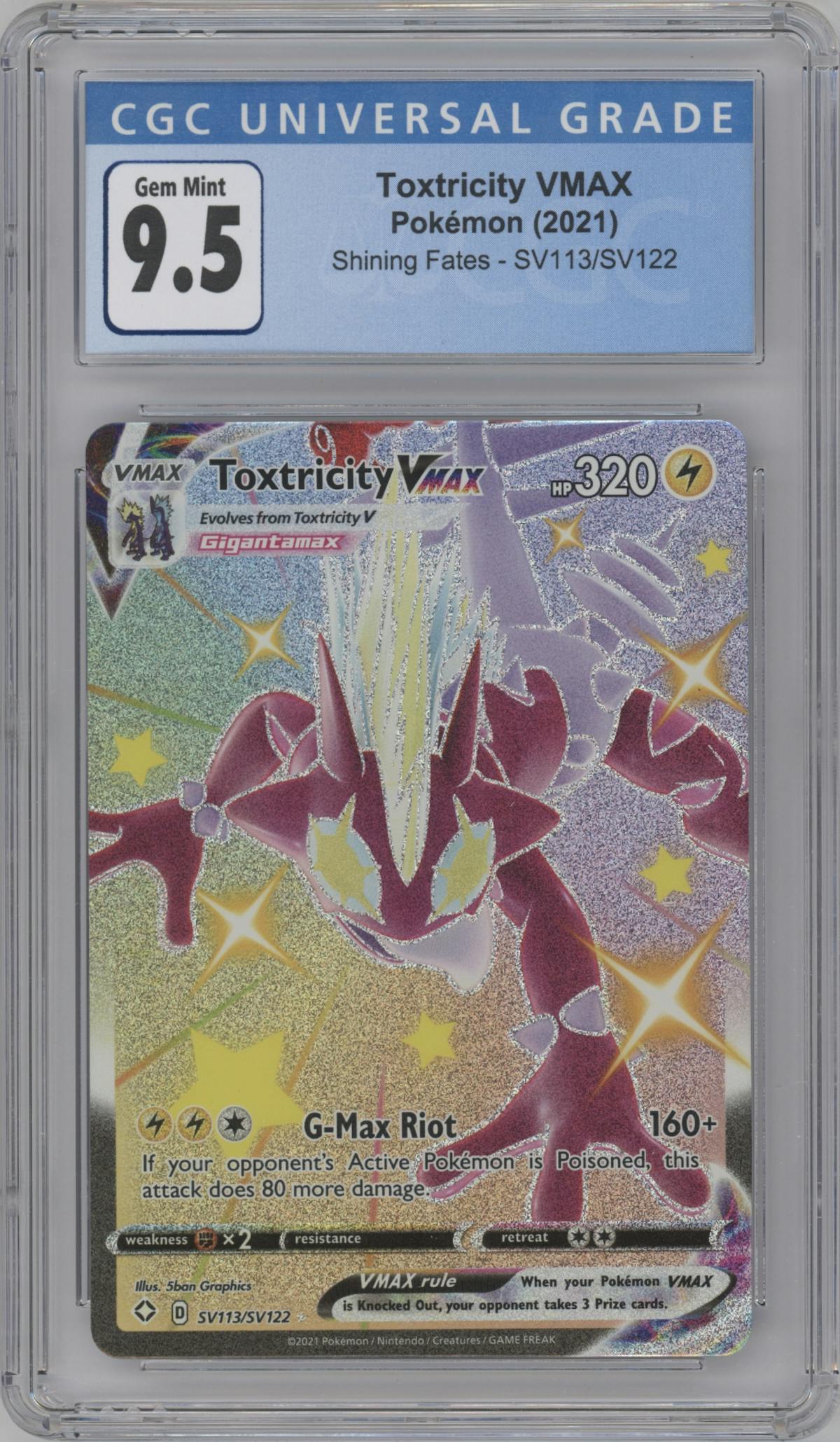 Toxtricity VMAX from the 2021 Pokemon SWSH set graded by CSG and given an overall grade of 9.5.