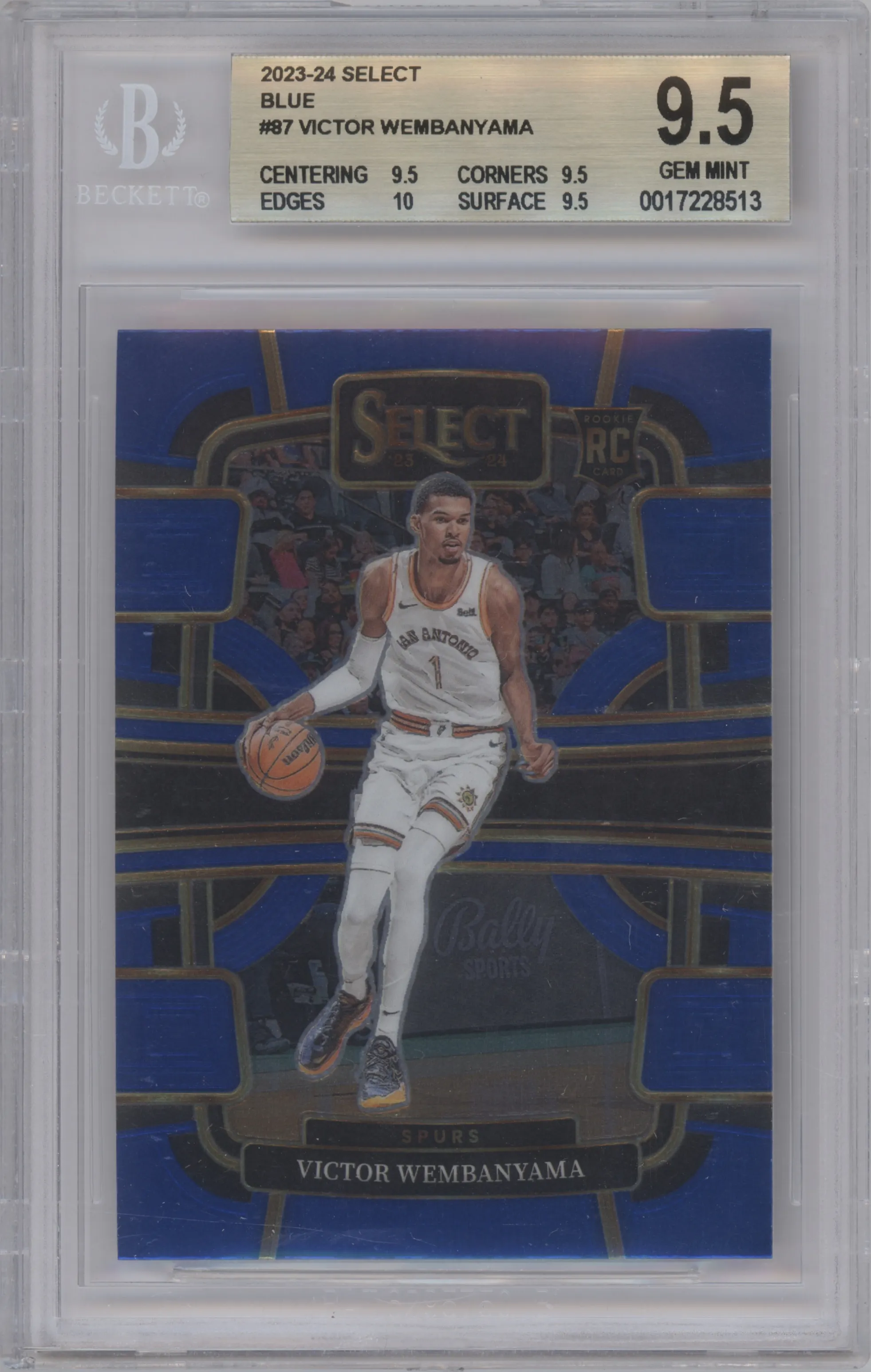 Victor Wembanyama from the 2023-24 Panini Select  set featuring a Blue Retail parallel graded by Beckett and given an overall grade of 9.5.