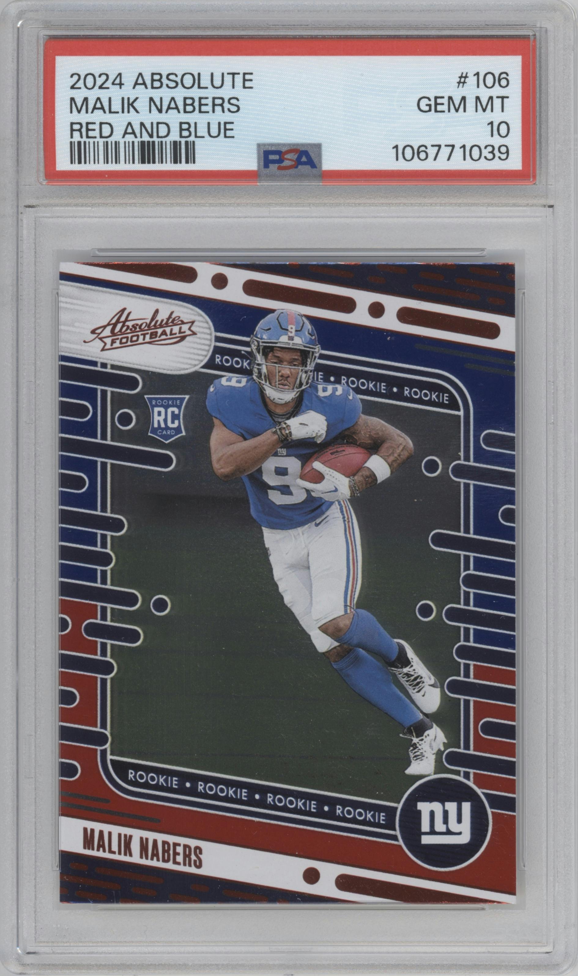 Malik Nabers from the 2024 Panini Absolute set featuring a Red & Blue parallel graded by PSA and given an overall grade of 10.
