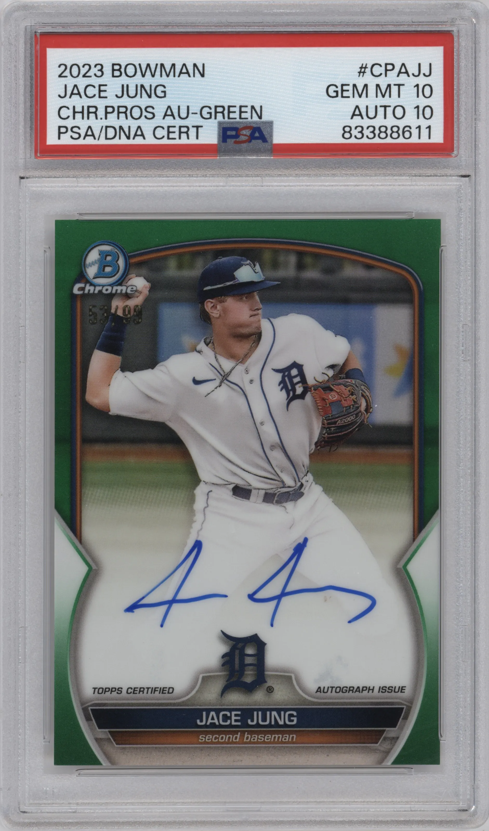 Jace Jung from the 2023 Bowman  set featuring a Green Refractor parallel graded by PSA and given an overall grade of 10.