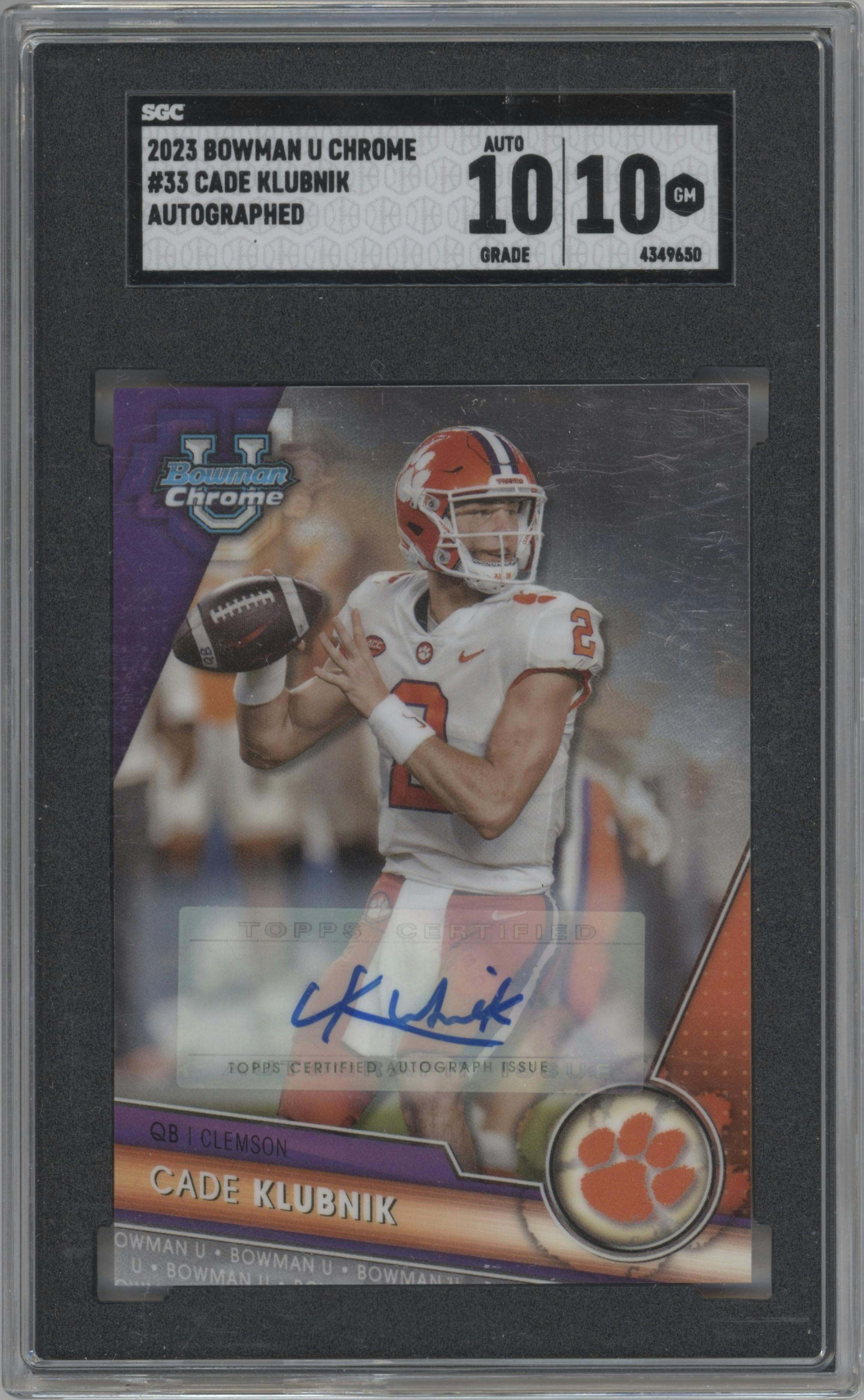 Cade Klubnik from the 2023 Bowman Chrome University set graded by SGC and given an overall grade of 10.