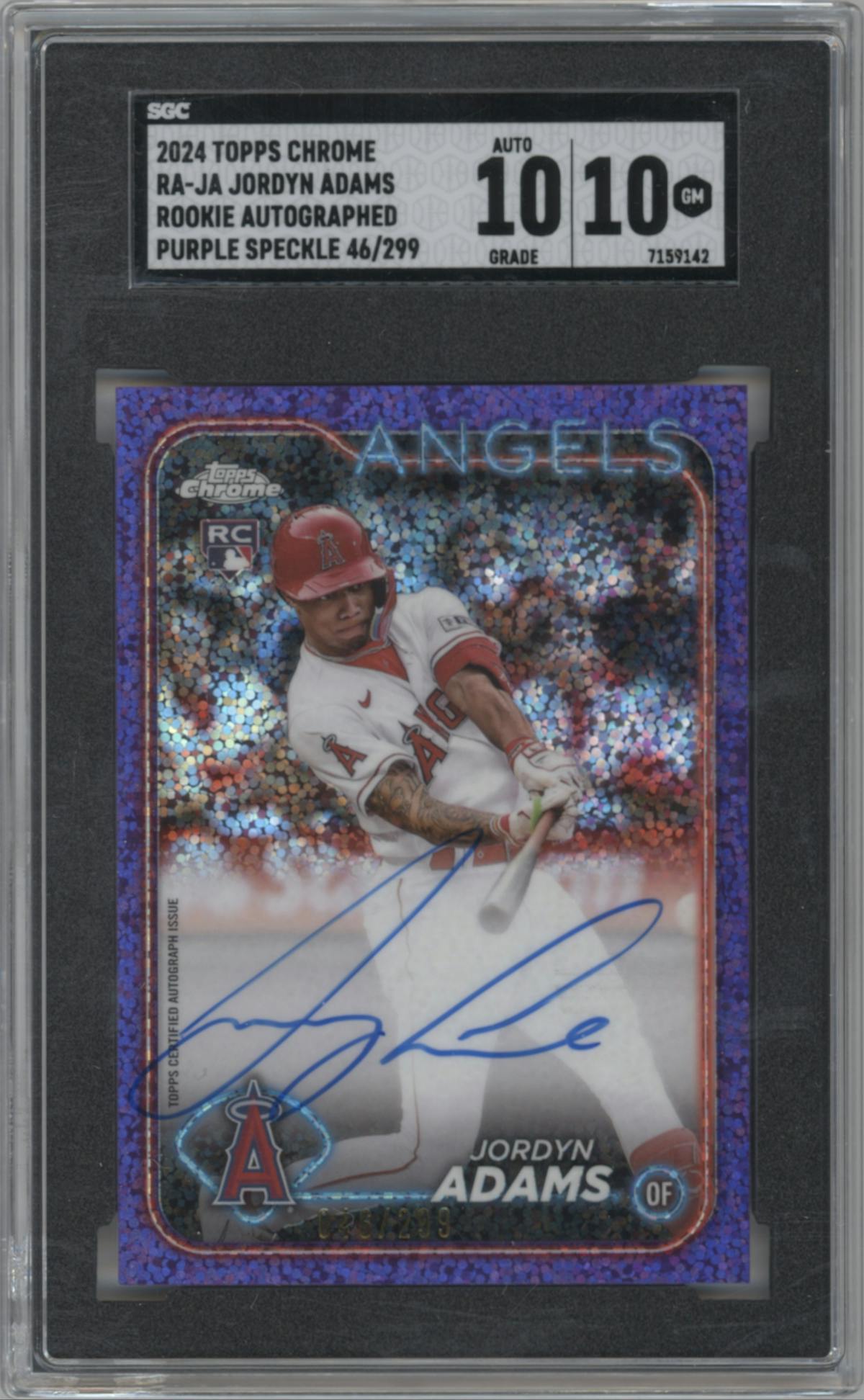 Jordyn Adams from the 2024 Topps Chrome set featuring a Purple Speckle Refractor parallel graded by SGC and given an overall grade of 10.