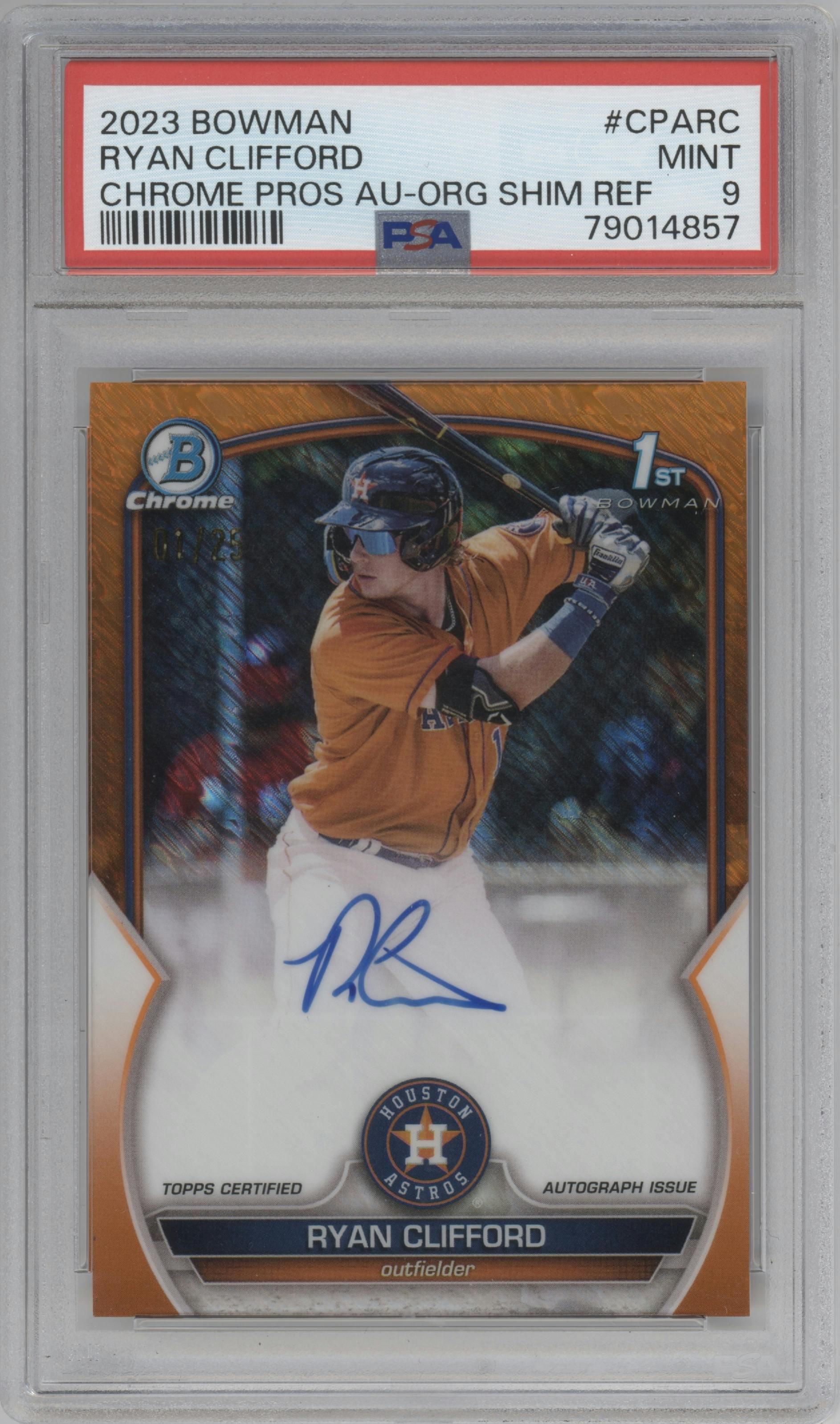 Ryan Clifford from the 2023 Bowman  set featuring a Orange Shimmer Refractor parallel graded by PSA and given an overall grade of 9.