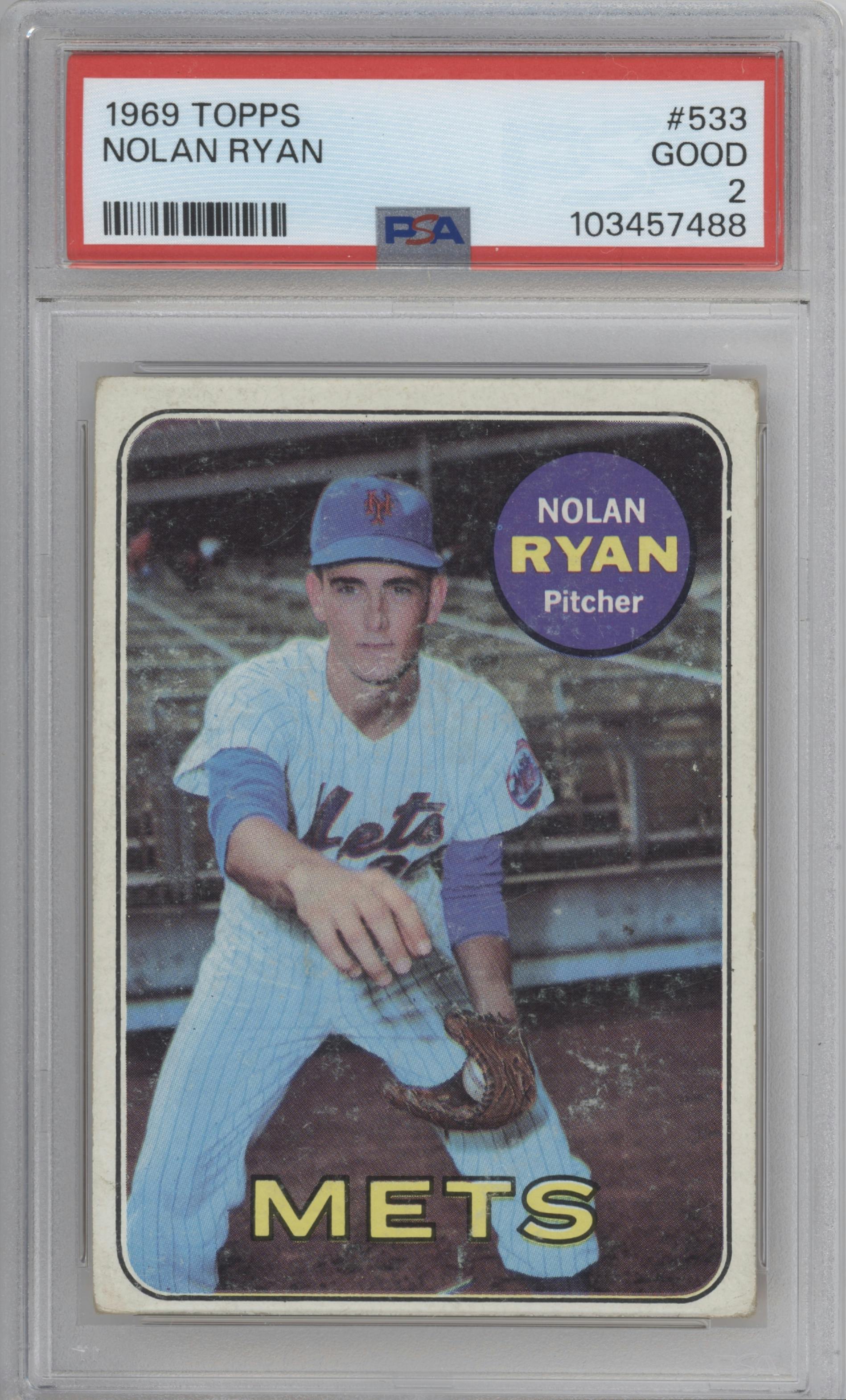 Nolan Ryan from the 1969 Topps set graded by PSA and given an overall grade of 2.