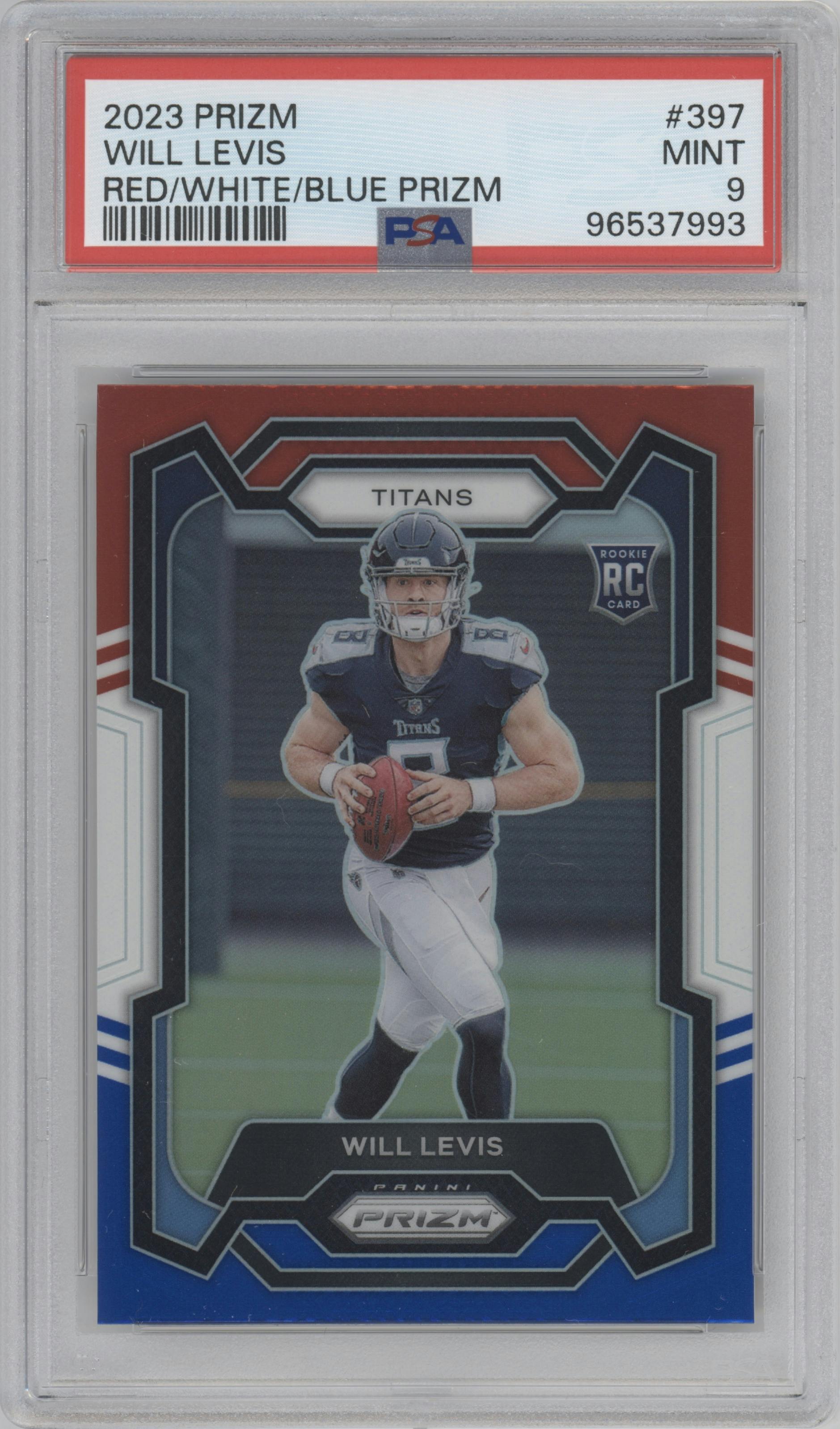 Will Levis from the 2023 Panini Prizm set featuring a Red/White/Blue parallel graded by PSA and given an overall grade of 9.