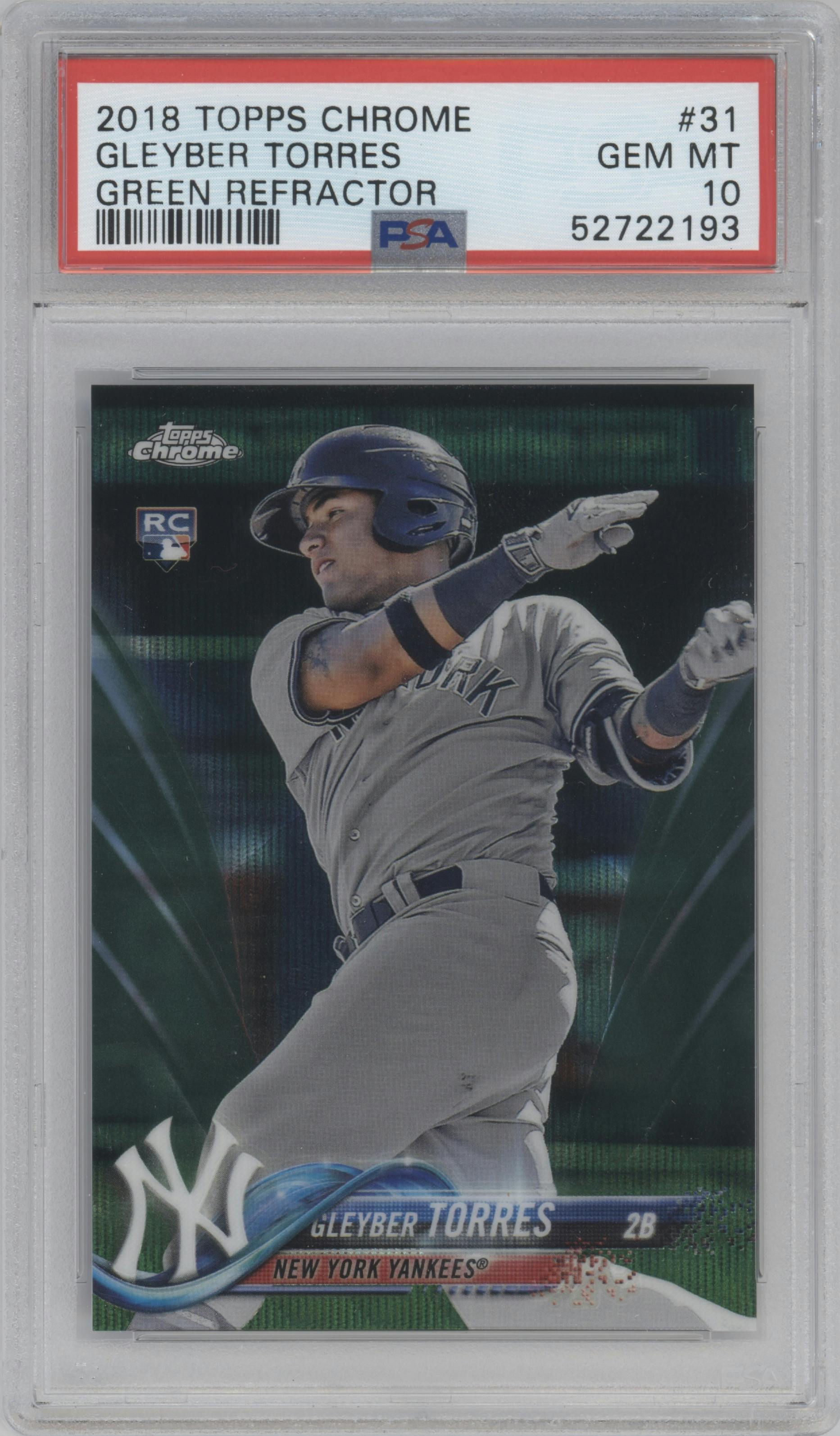 Gleyber Torres from the 2018 Topps Chrome set featuring a Green Refractor parallel graded by PSA and given an overall grade of 10.