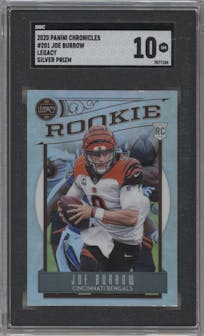 Joe Burrow from the 2020 Panini Chronicles set featuring a Silver parallel graded by SGC and given an overall grade of 10.