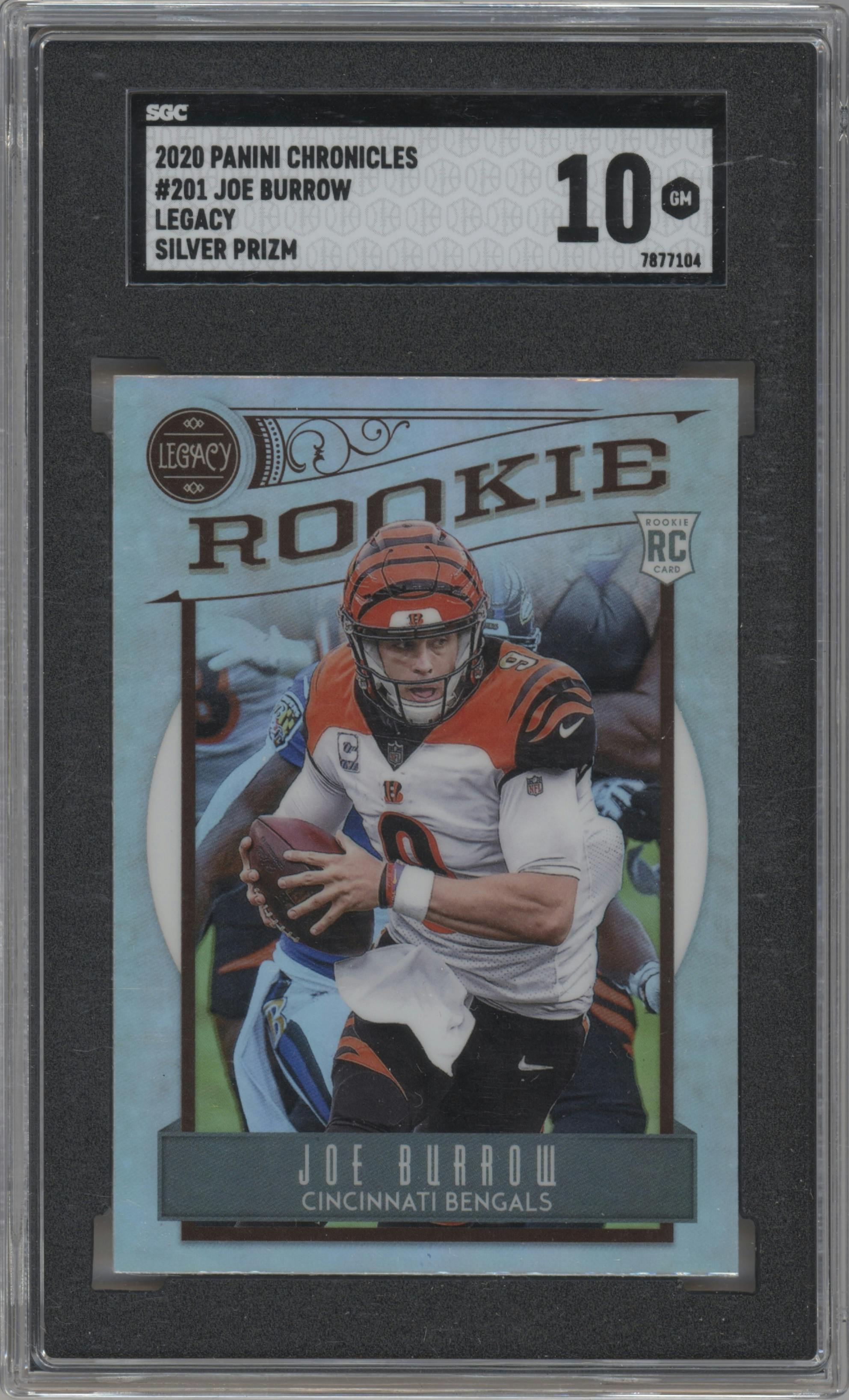 Joe Burrow from the 2020 Panini Chronicles set featuring a Silver parallel graded by SGC and given an overall grade of 10.